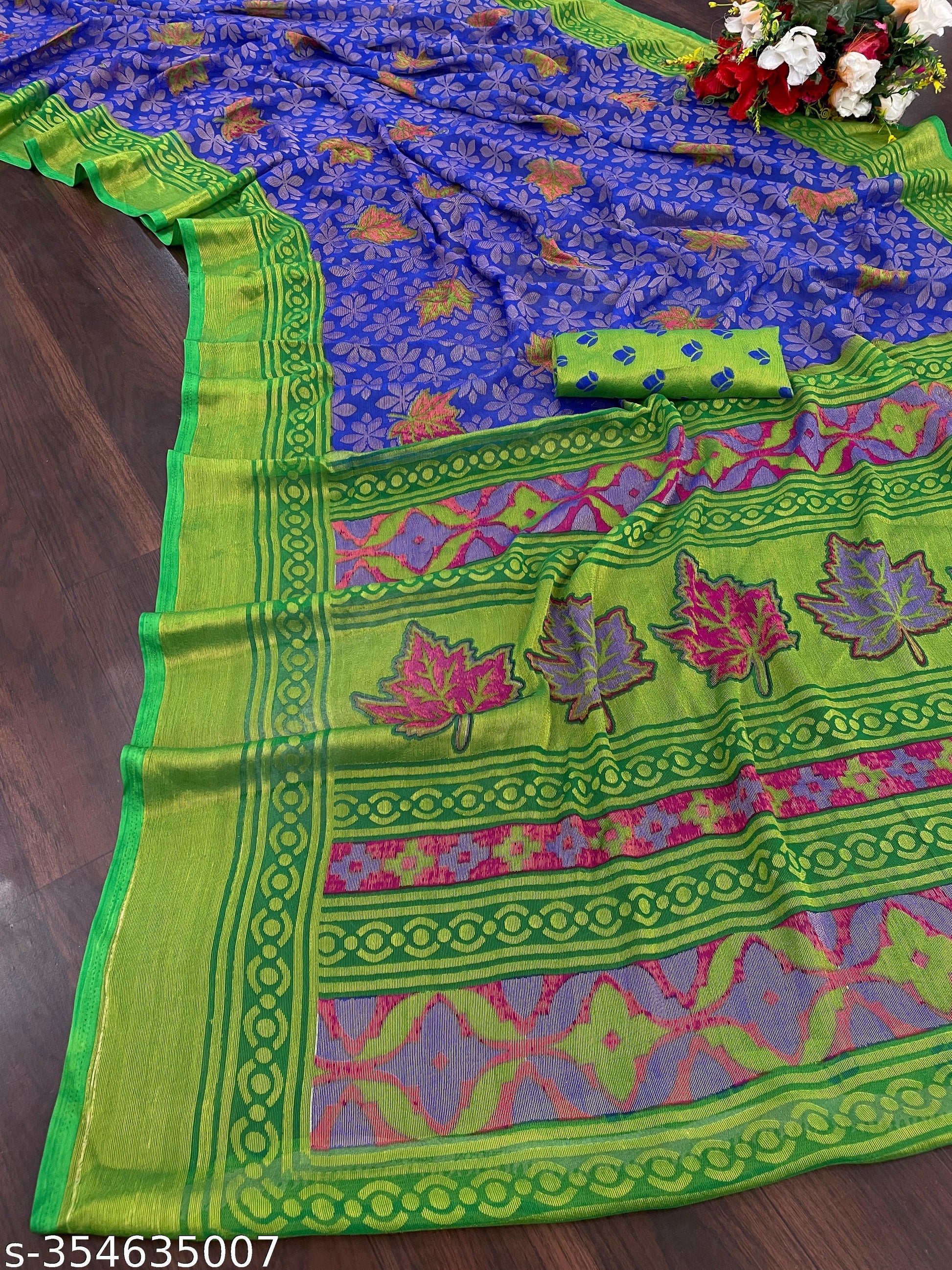 Chiffon Brasso Green Printed Saree with Blouse – Lightweight & Festive | Ivaara.