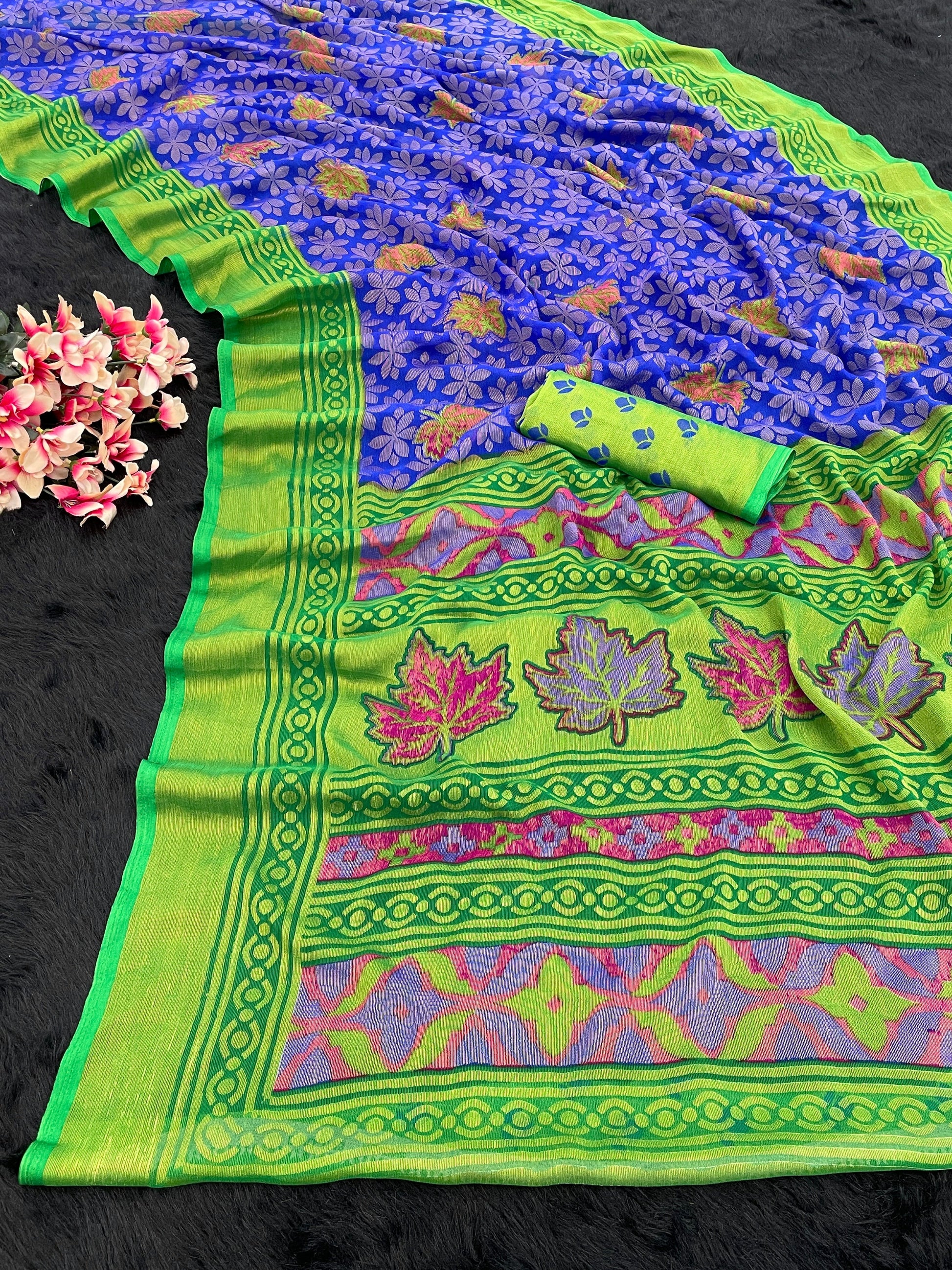 Chiffon Brasso Green Printed Saree with Blouse – Lightweight & Festive | Ivaara.