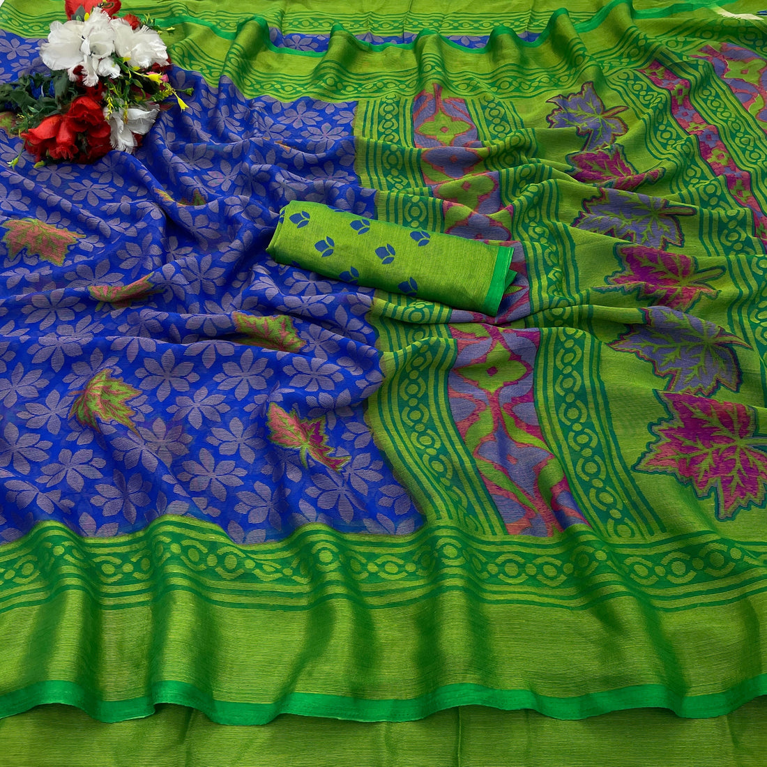 Chiffon Brasso Green Printed Saree with Blouse – Lightweight & Festive | Ivaara.