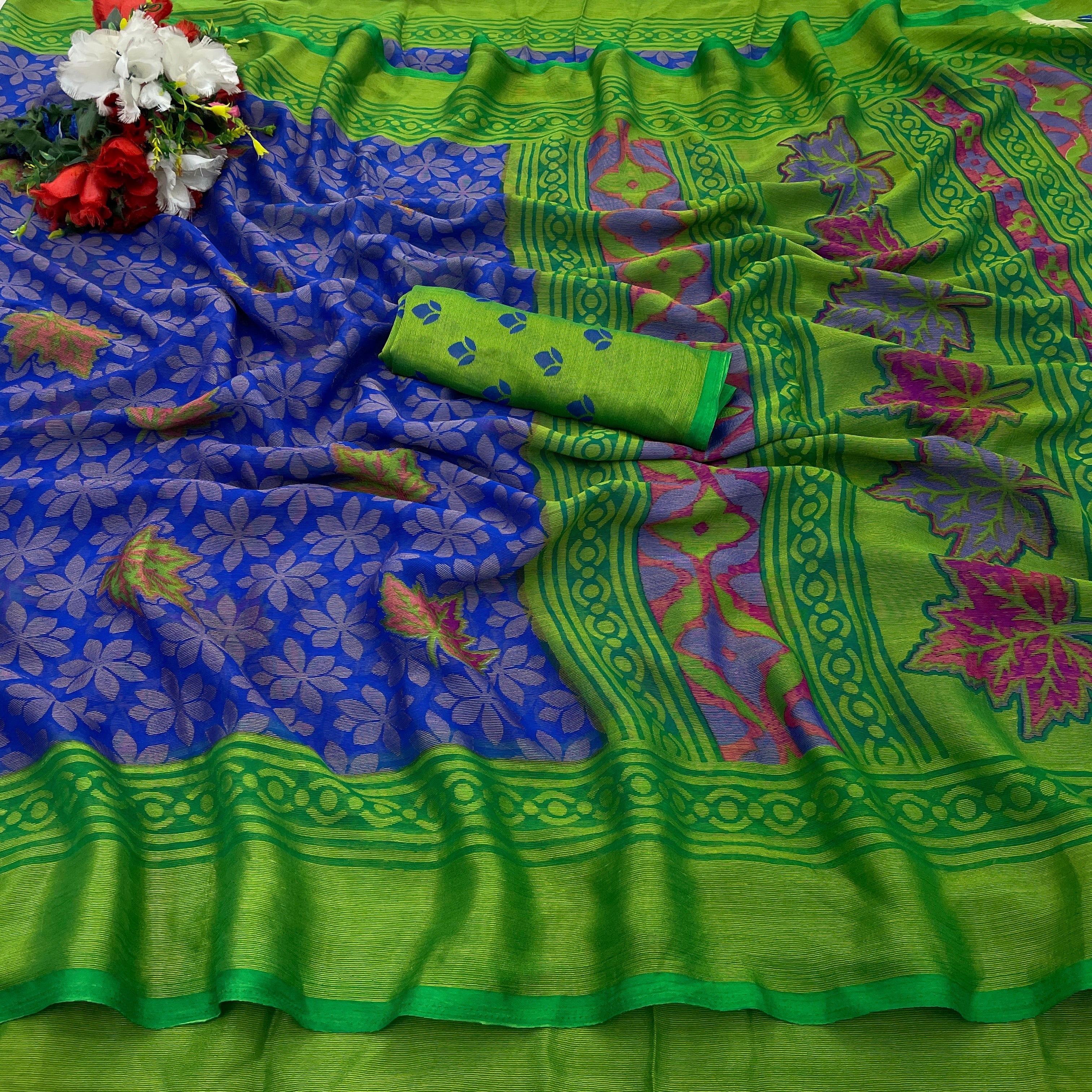 Chiffon Brasso Green Printed Saree with Blouse – Lightweight & Festive | Ivaara.