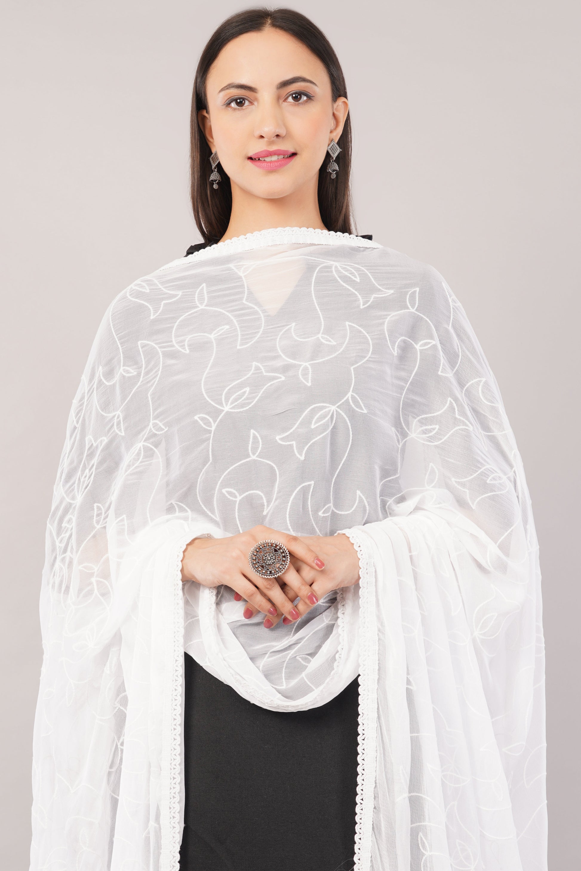 White Embroidered Dyeable Chiffon Dupatta | Nazneen Chunni (ND-10) | IVAARA.