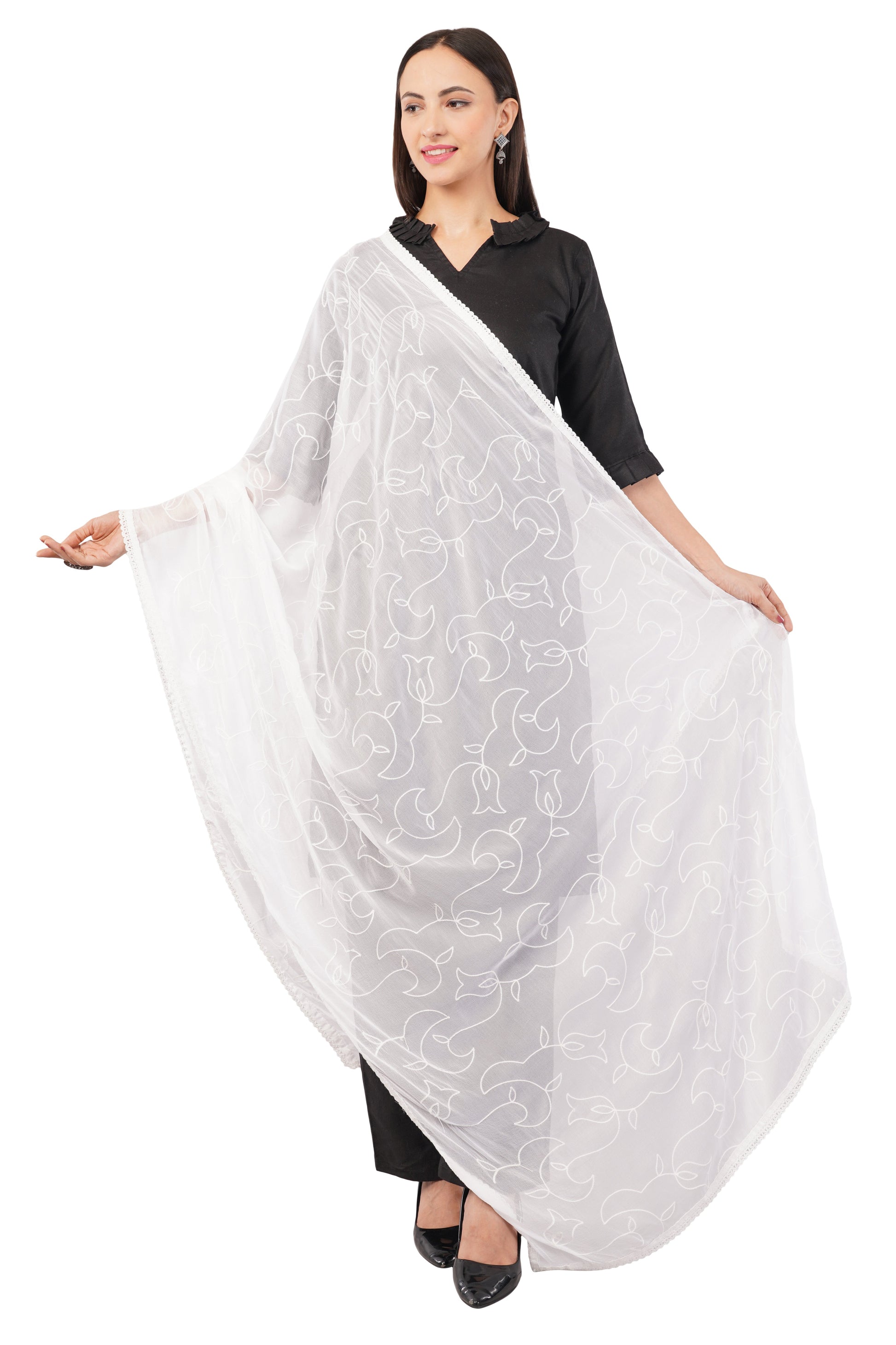 White Embroidered Dyeable Chiffon Dupatta | Nazneen Chunni (ND-10) | IVAARA.