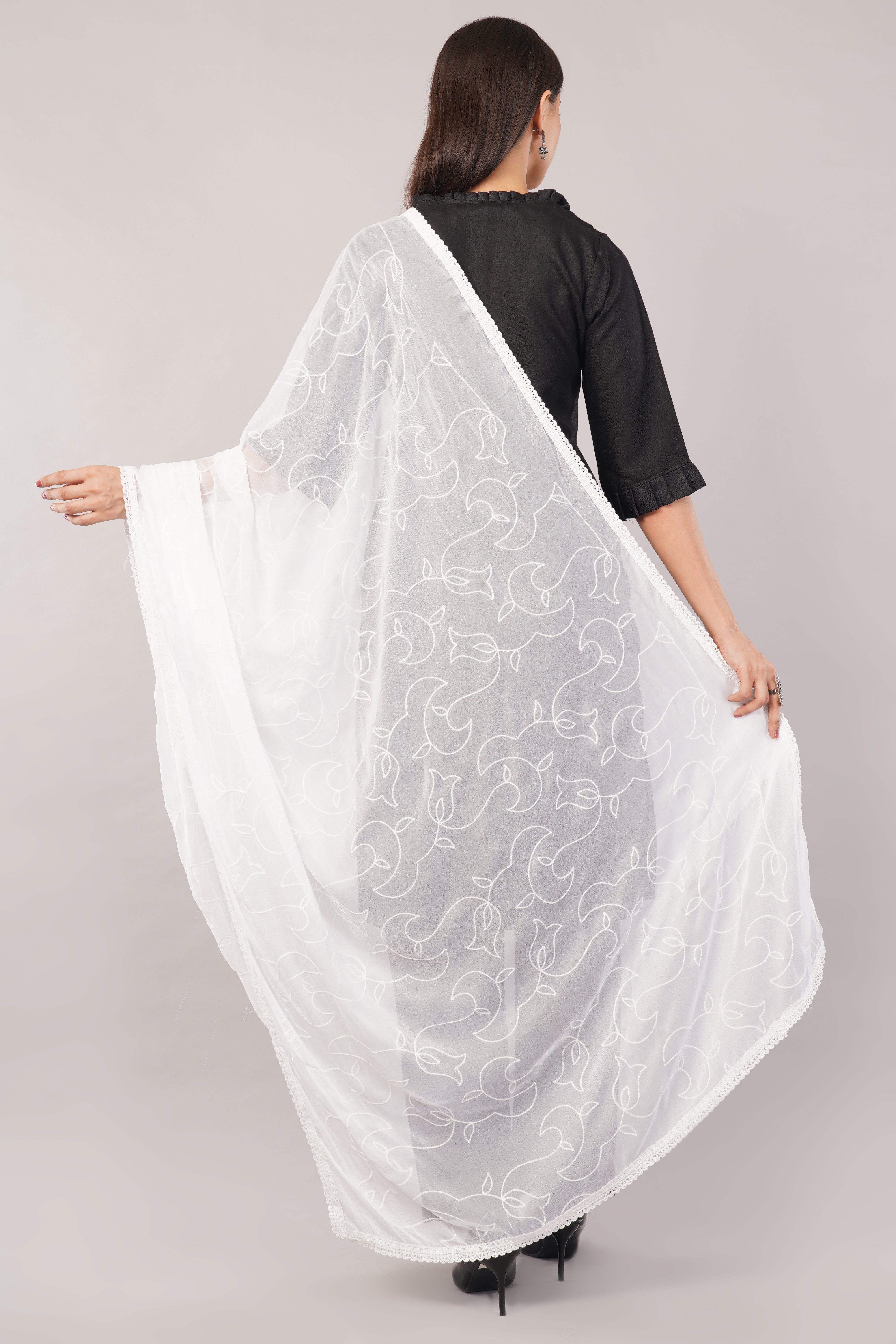 White Embroidered Dyeable Chiffon Dupatta | Nazneen Chunni (ND-10) | IVAARA.