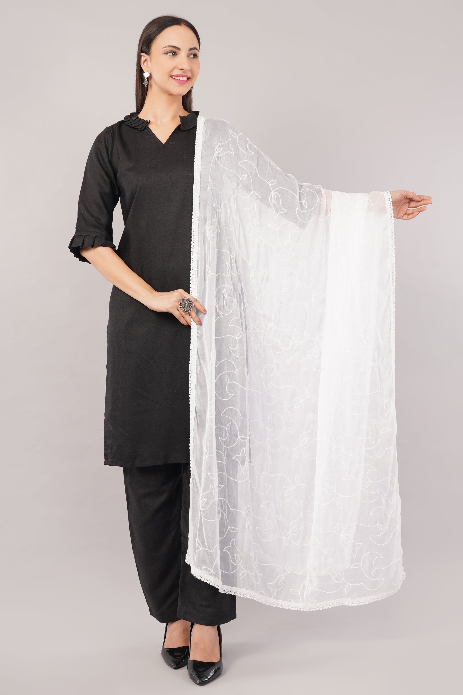 White Embroidered Dyeable Chiffon Dupatta | Nazneen Chunni (ND-10) | IVAARA.
