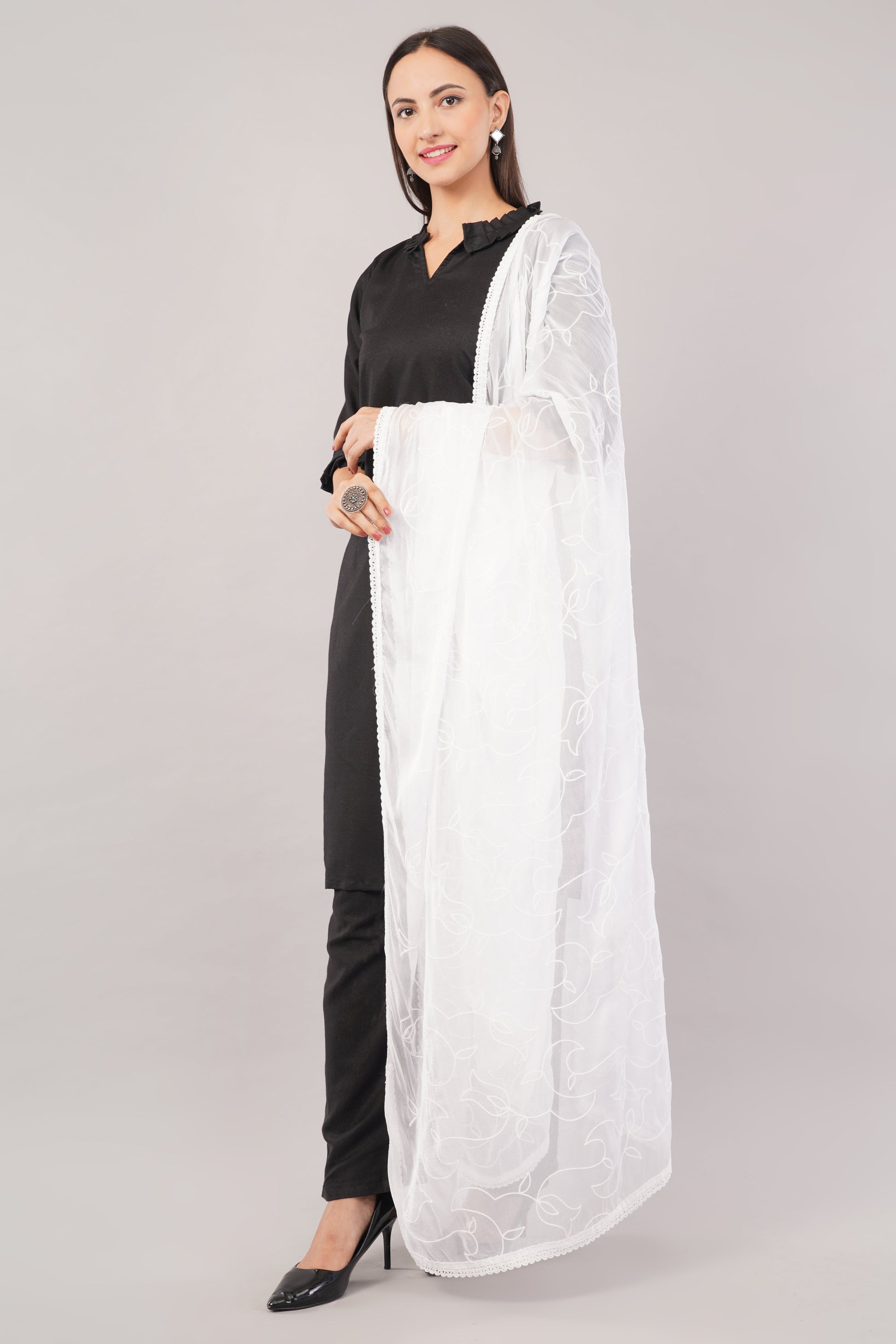 White Embroidered Dyeable Chiffon Dupatta | Nazneen Chunni (ND-10) | IVAARA.
