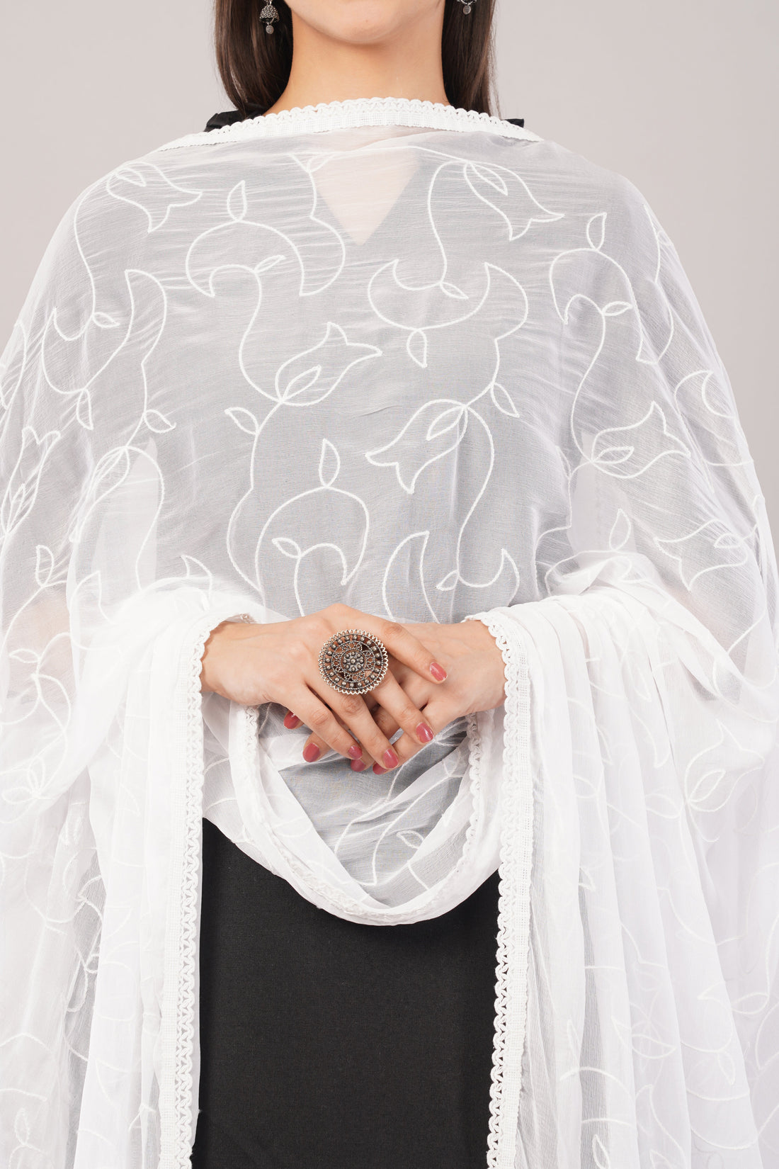 White Embroidered Dyeable Chiffon Dupatta | Nazneen Chunni (ND-10) | IVAARA.