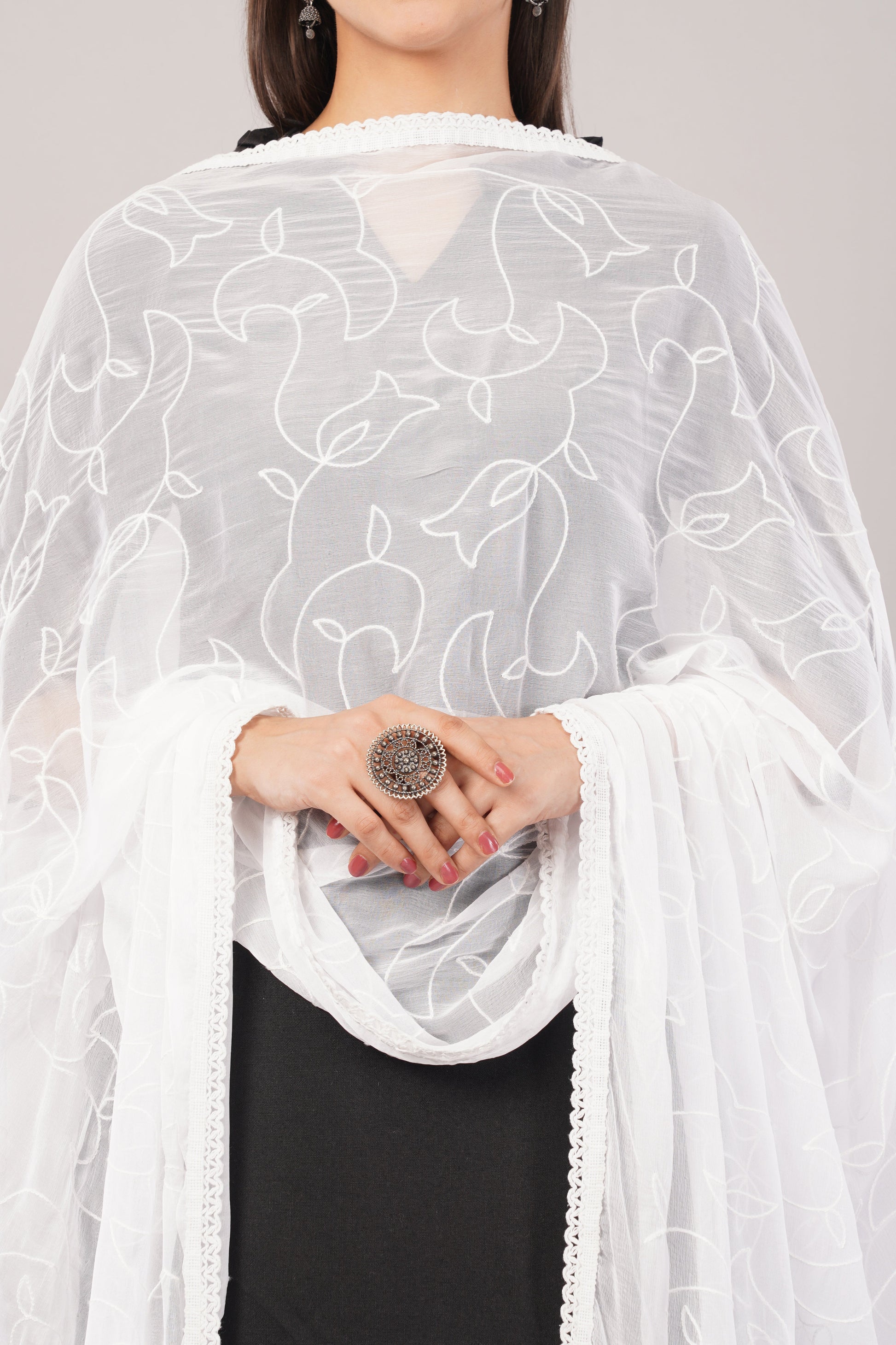 White Embroidered Dyeable Chiffon Dupatta | Nazneen Chunni (ND-10) | IVAARA.