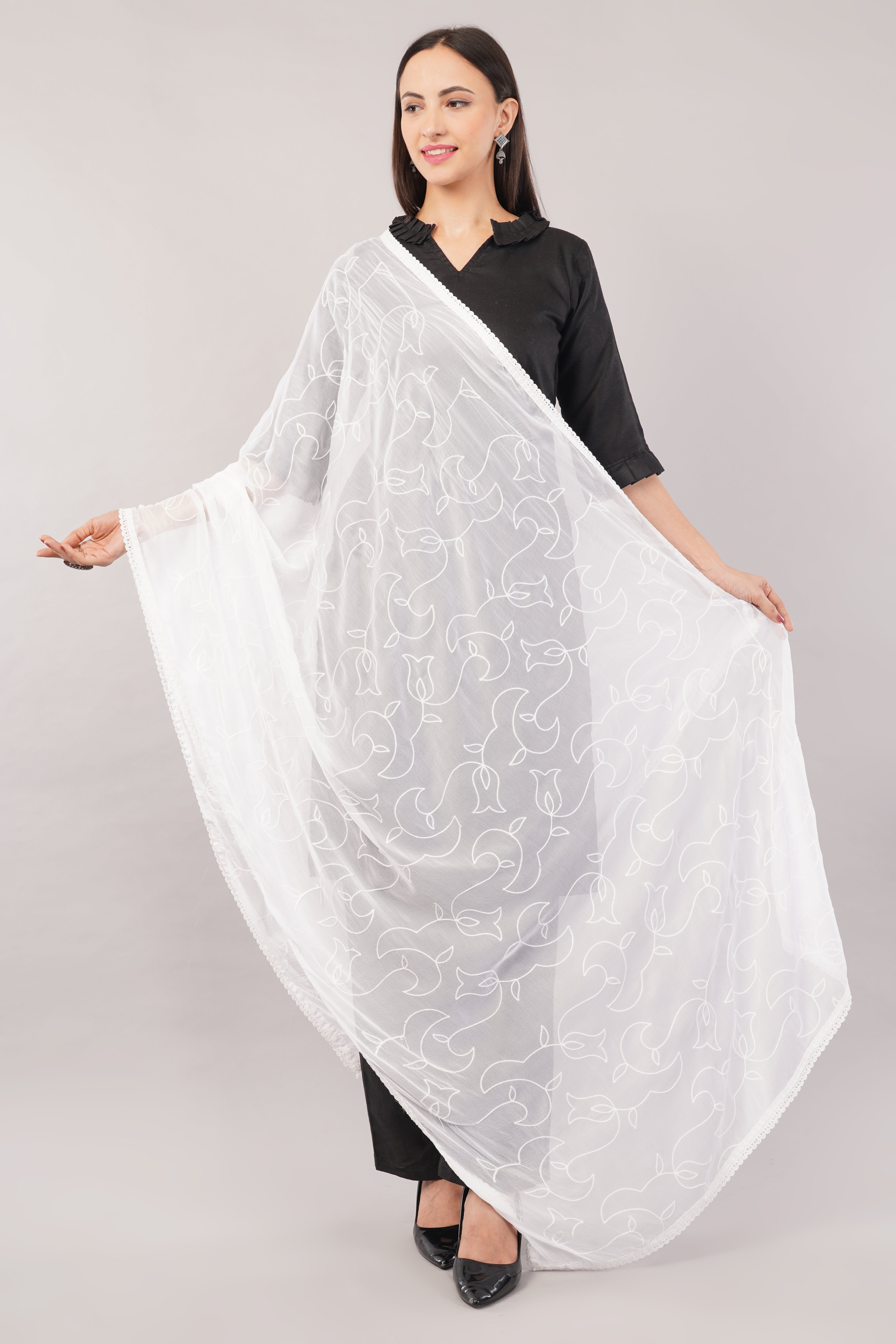 White Embroidered Dyeable Chiffon Dupatta | Nazneen Chunni (ND-10) | IVAARA.