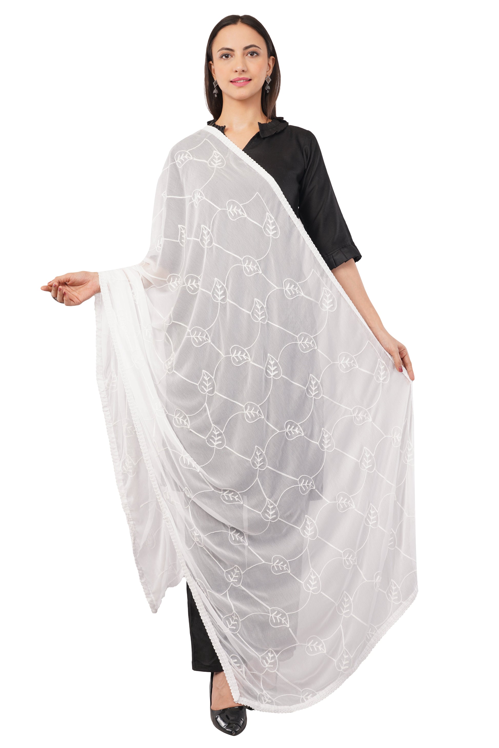 White Embroidered Dyeable Chiffon Dupatta | Nazneen Chunni (ND-12) | IVAARA.