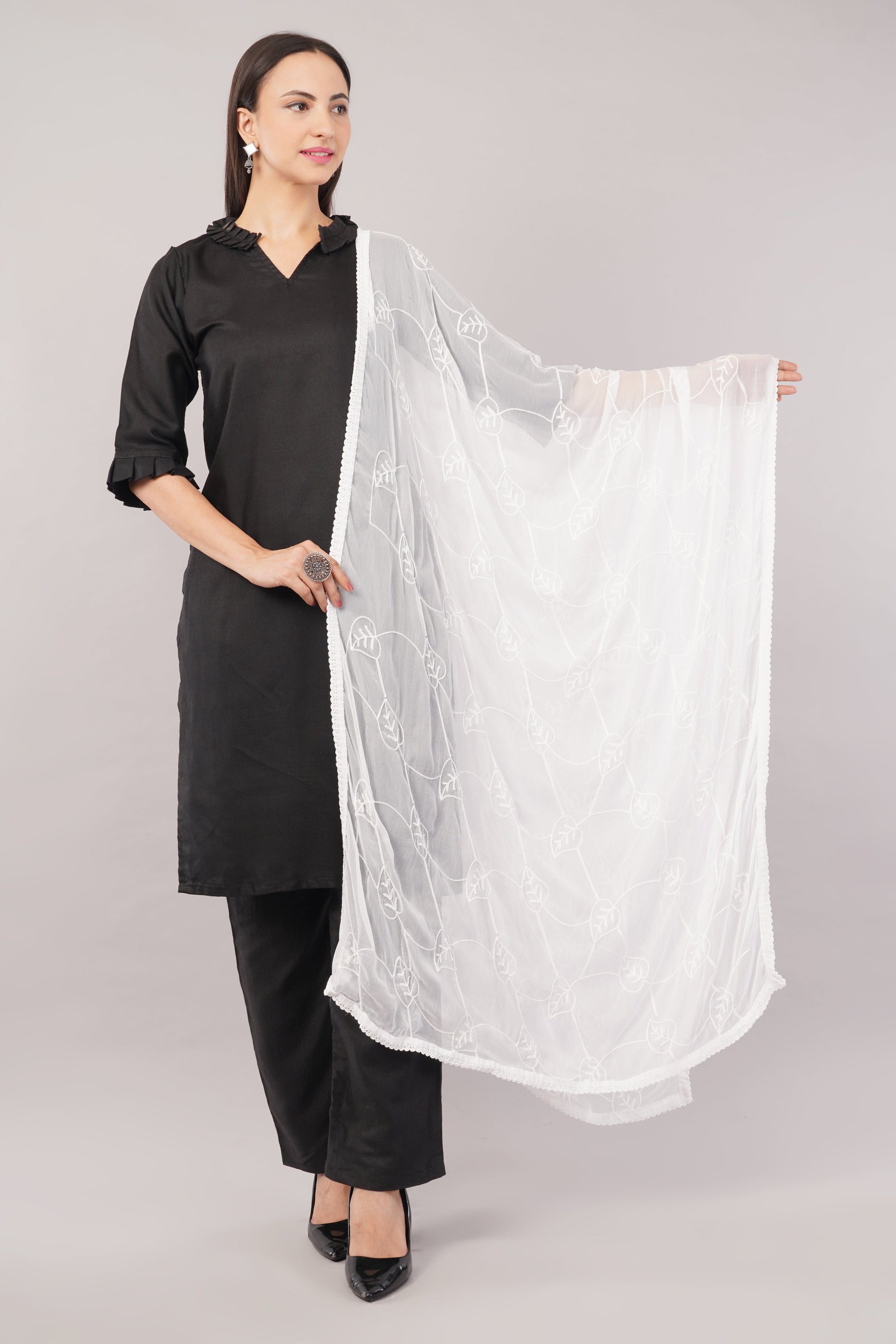 White Embroidered Dyeable Chiffon Dupatta | Nazneen Chunni (ND-12) | IVAARA.