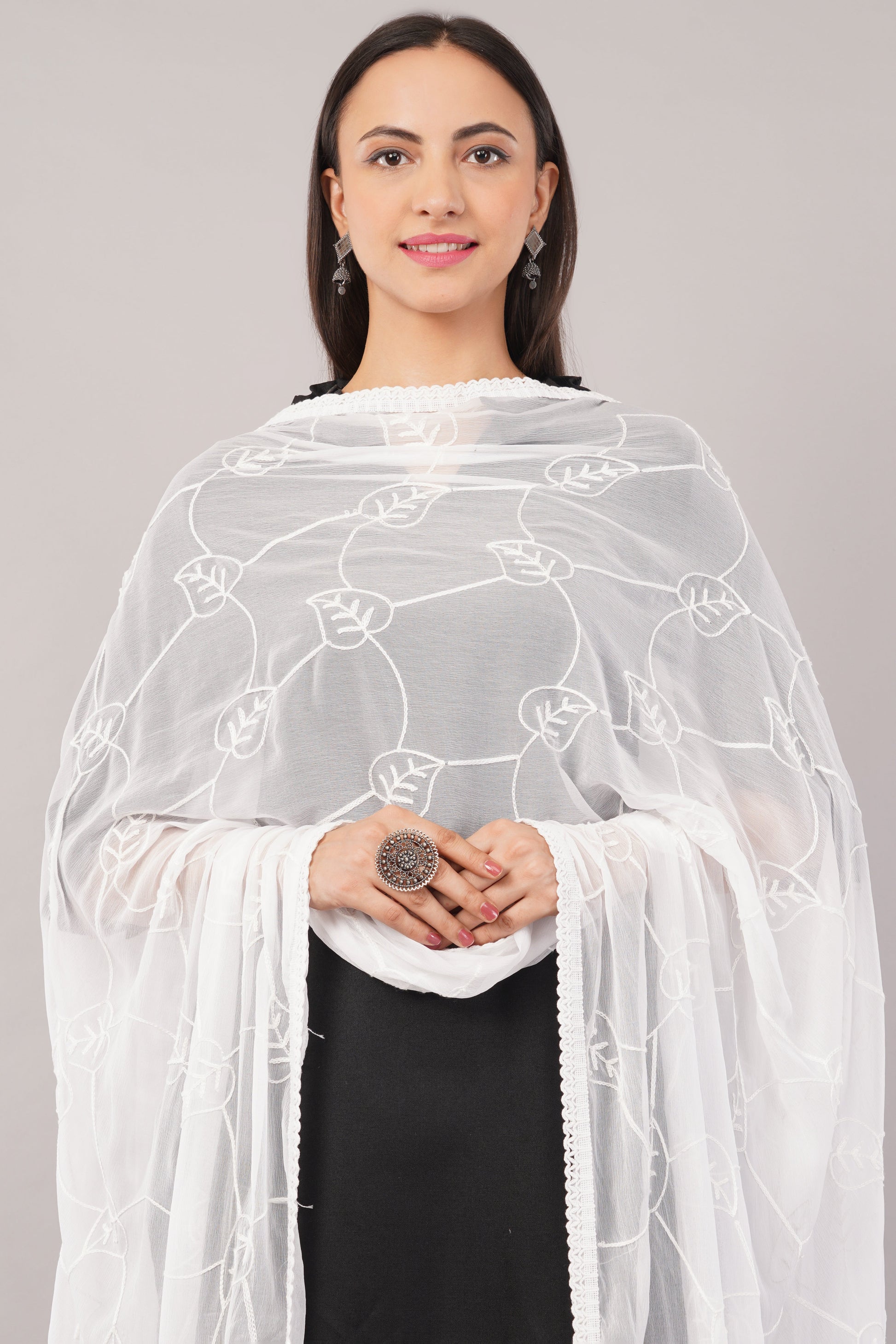 White Embroidered Dyeable Chiffon Dupatta | Nazneen Chunni (ND-12) | IVAARA.