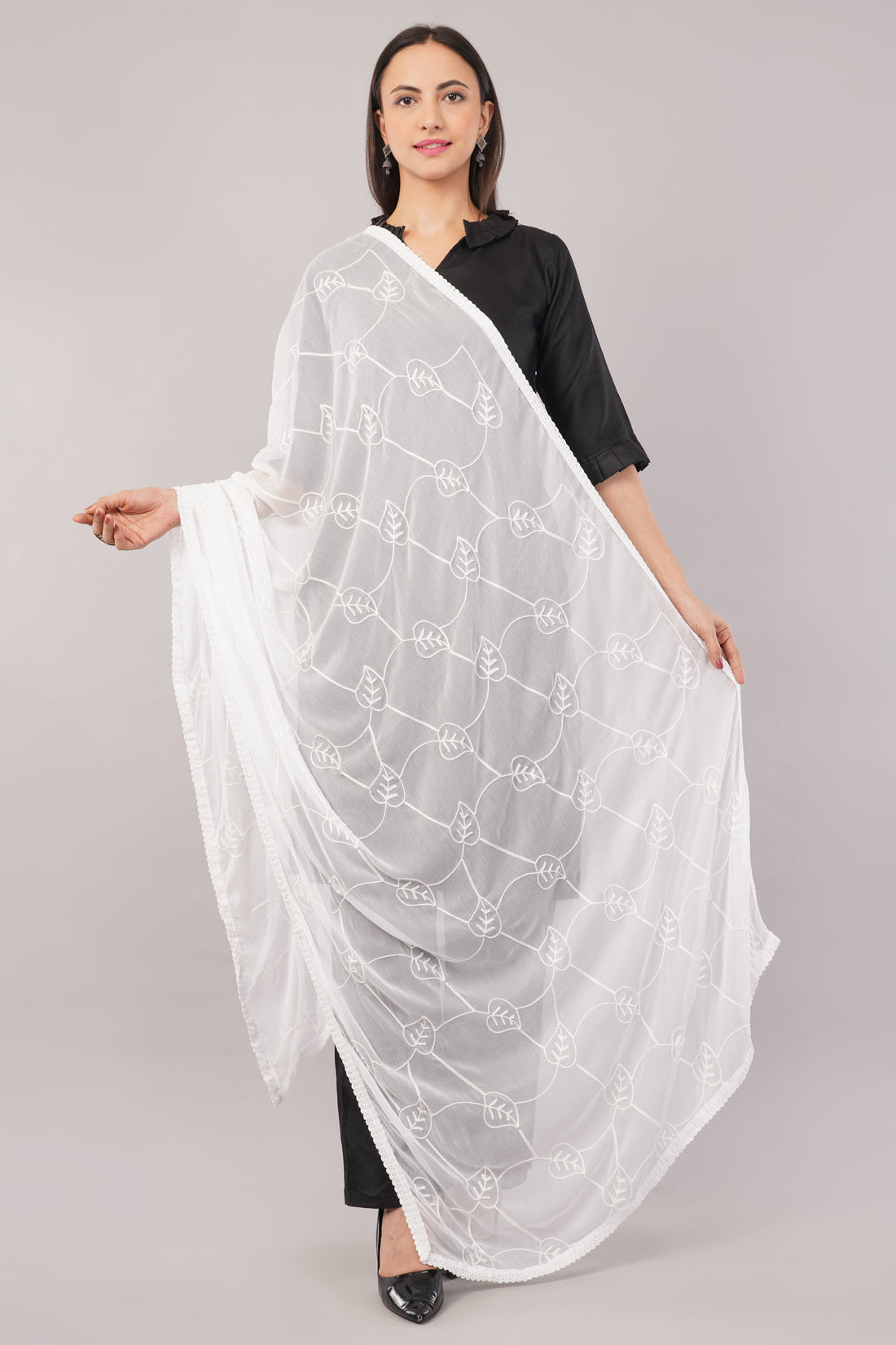 White Embroidered Dyeable Chiffon Dupatta | Nazneen Chunni (ND-12) | IVAARA.