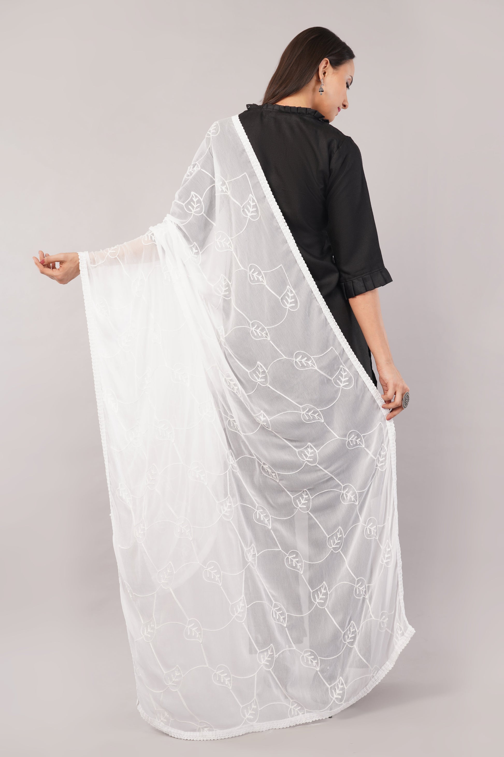 White Embroidered Dyeable Chiffon Dupatta | Nazneen Chunni (ND-12) | IVAARA.