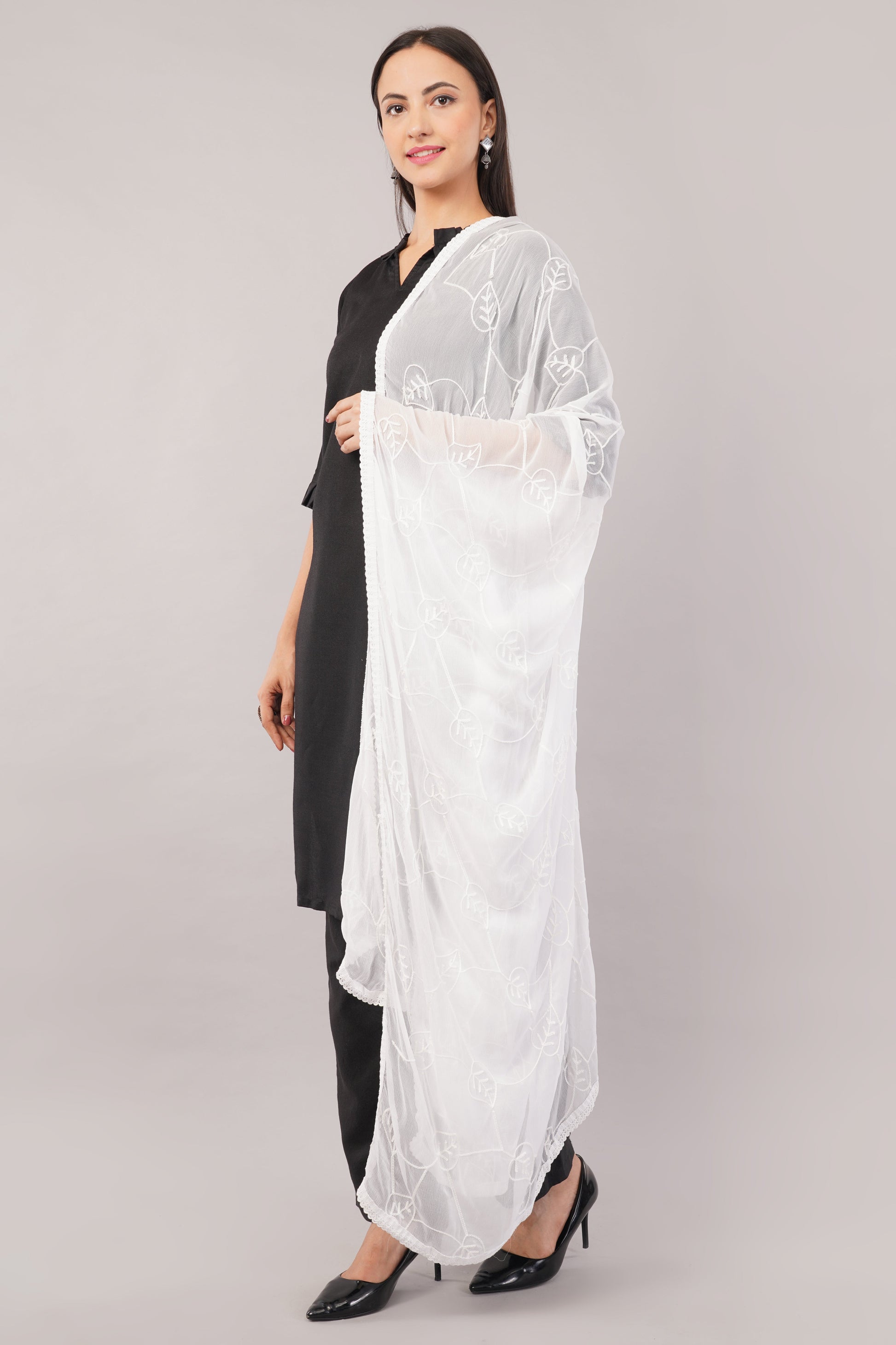 White Embroidered Dyeable Chiffon Dupatta | Nazneen Chunni (ND-12) | IVAARA.