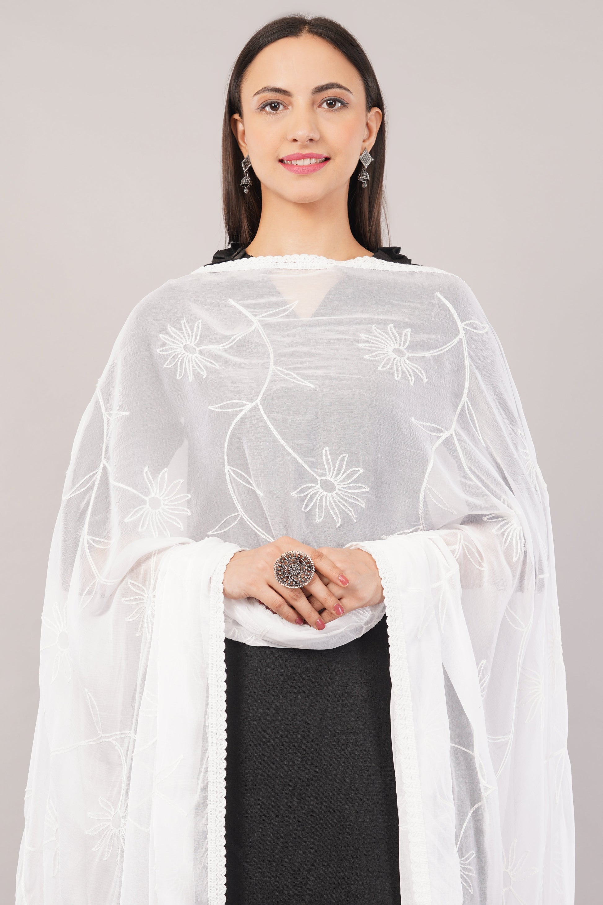 White Embroidered Dyeable Chiffon Dupatta | Nazneen Chunni (ND-14) | IVAARA.