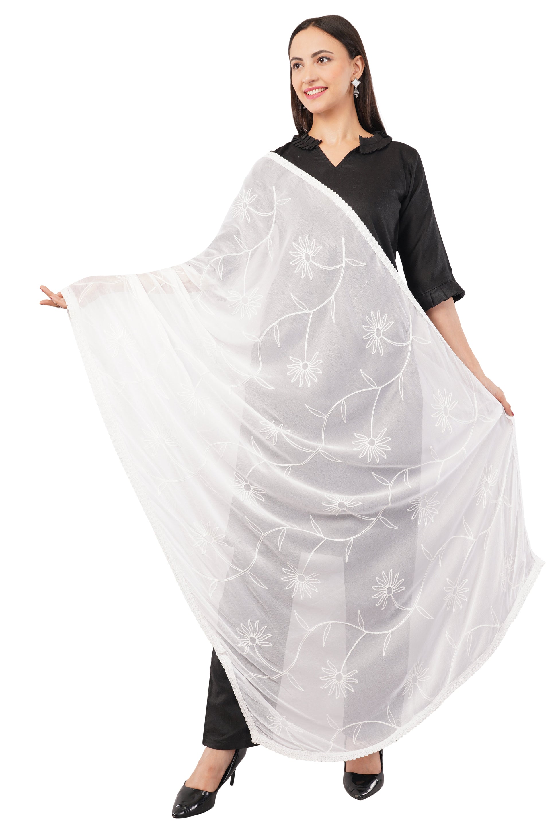 White Embroidered Dyeable Chiffon Dupatta | Nazneen Chunni (ND-14) | IVAARA.