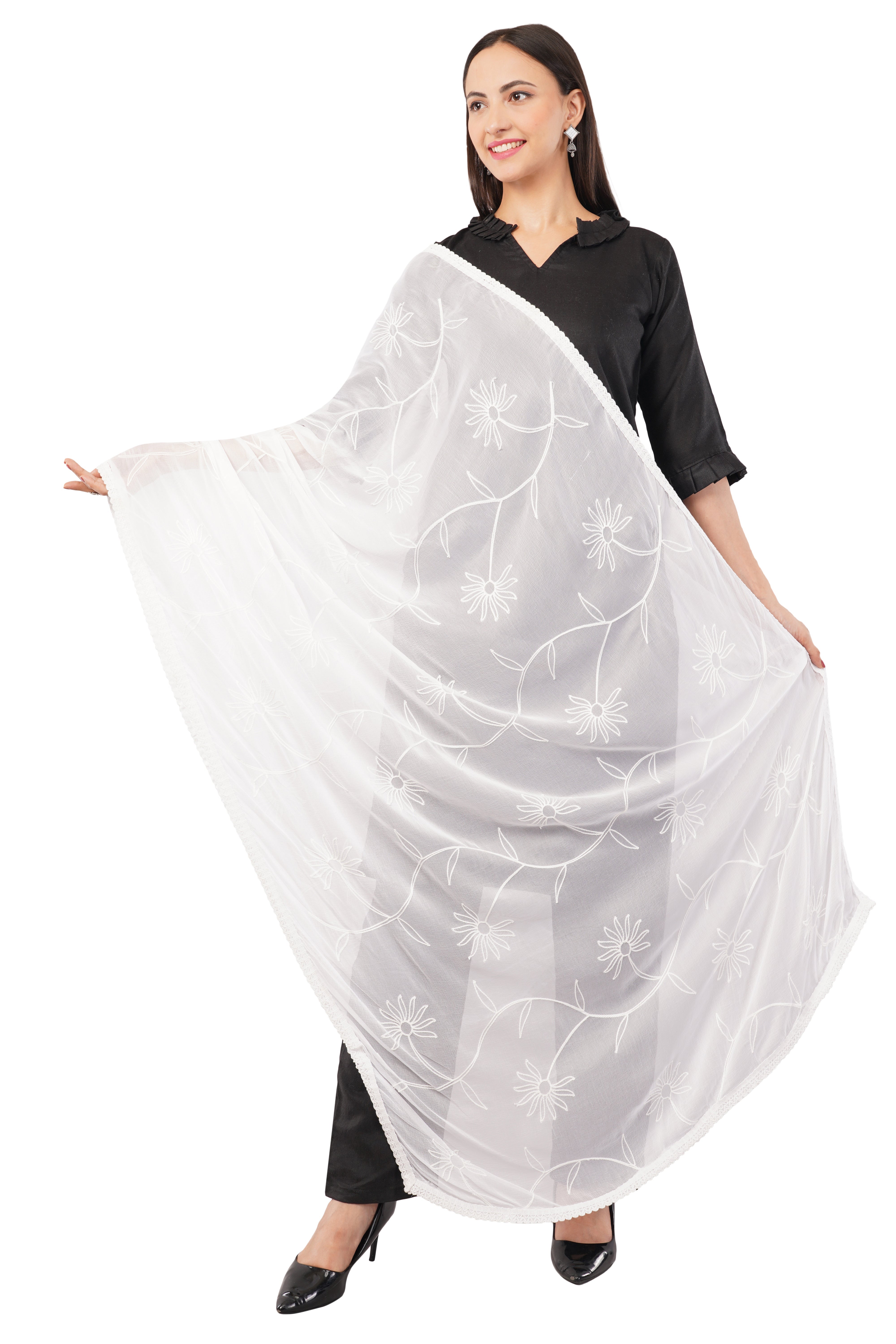 White Embroidered Dyeable Chiffon Dupatta | Nazneen Chunni (ND-14) | IVAARA.
