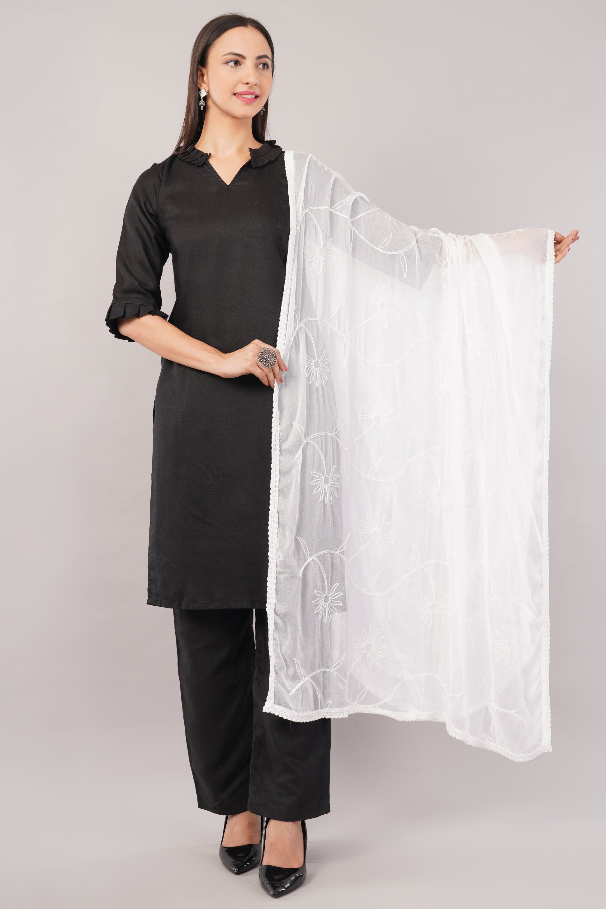 White Embroidered Dyeable Chiffon Dupatta | Nazneen Chunni (ND-14) | IVAARA.