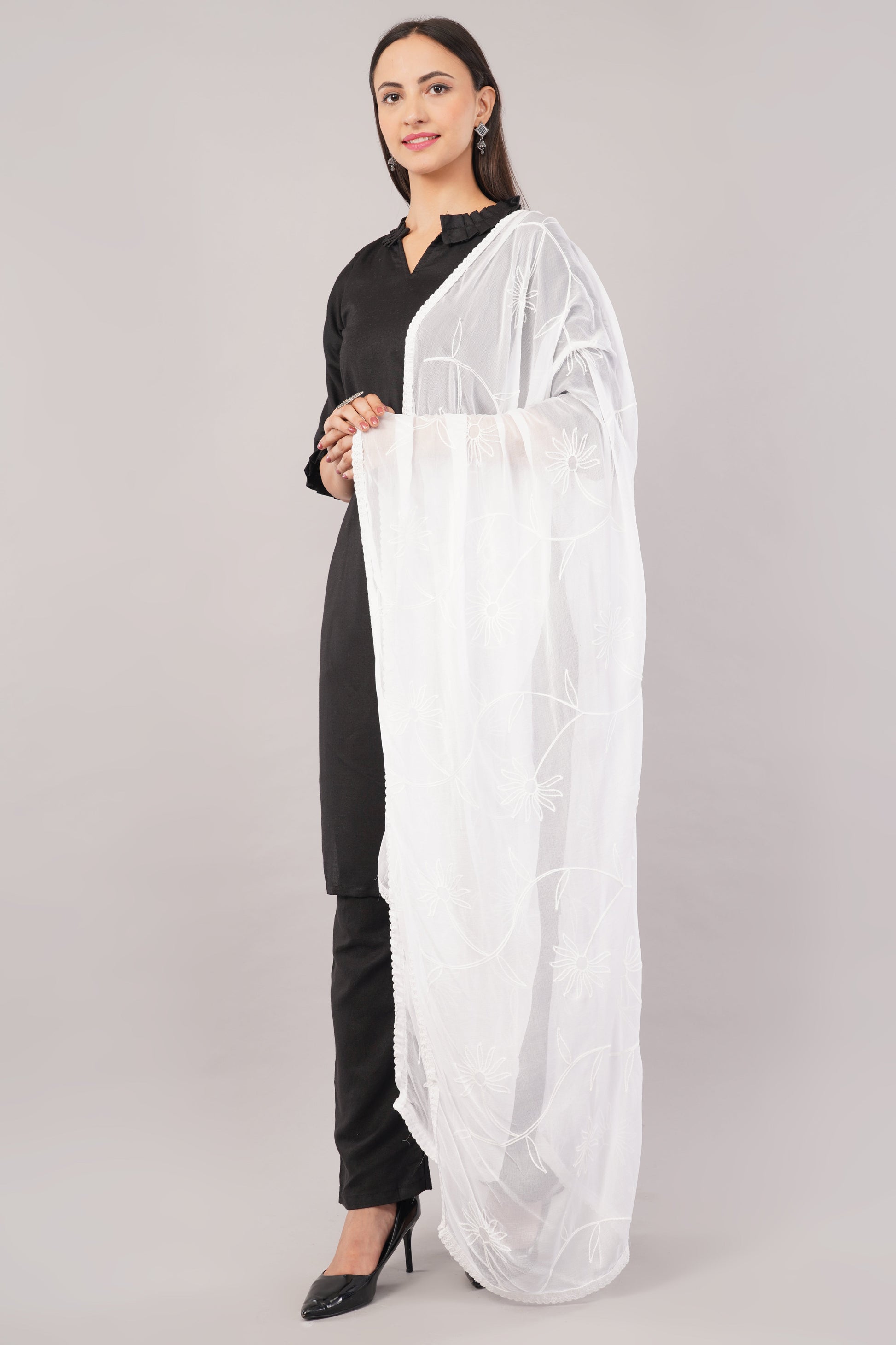 White Embroidered Dyeable Chiffon Dupatta | Nazneen Chunni (ND-14) | IVAARA.