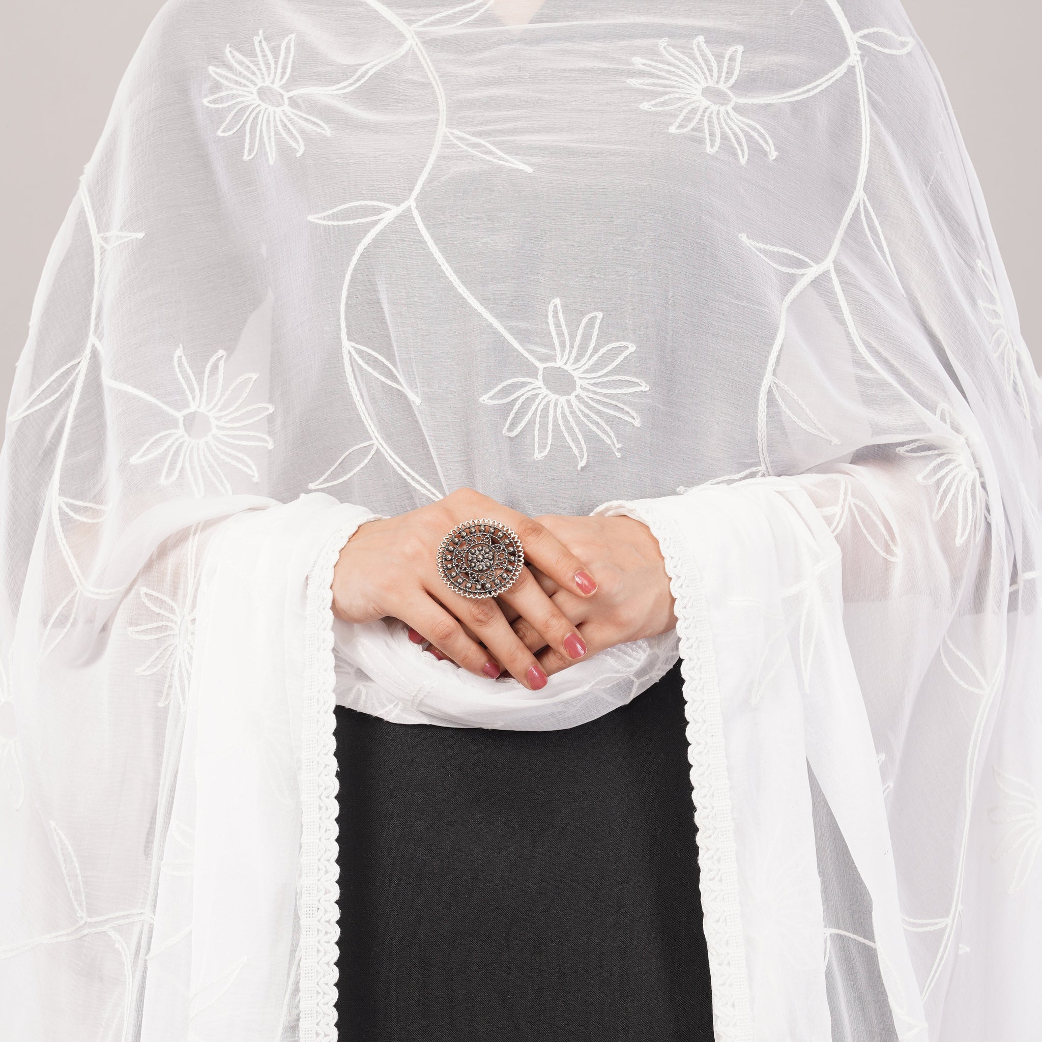 White Embroidered Dyeable Chiffon Dupatta | Nazneen Chunni (ND-14) | IVAARA.