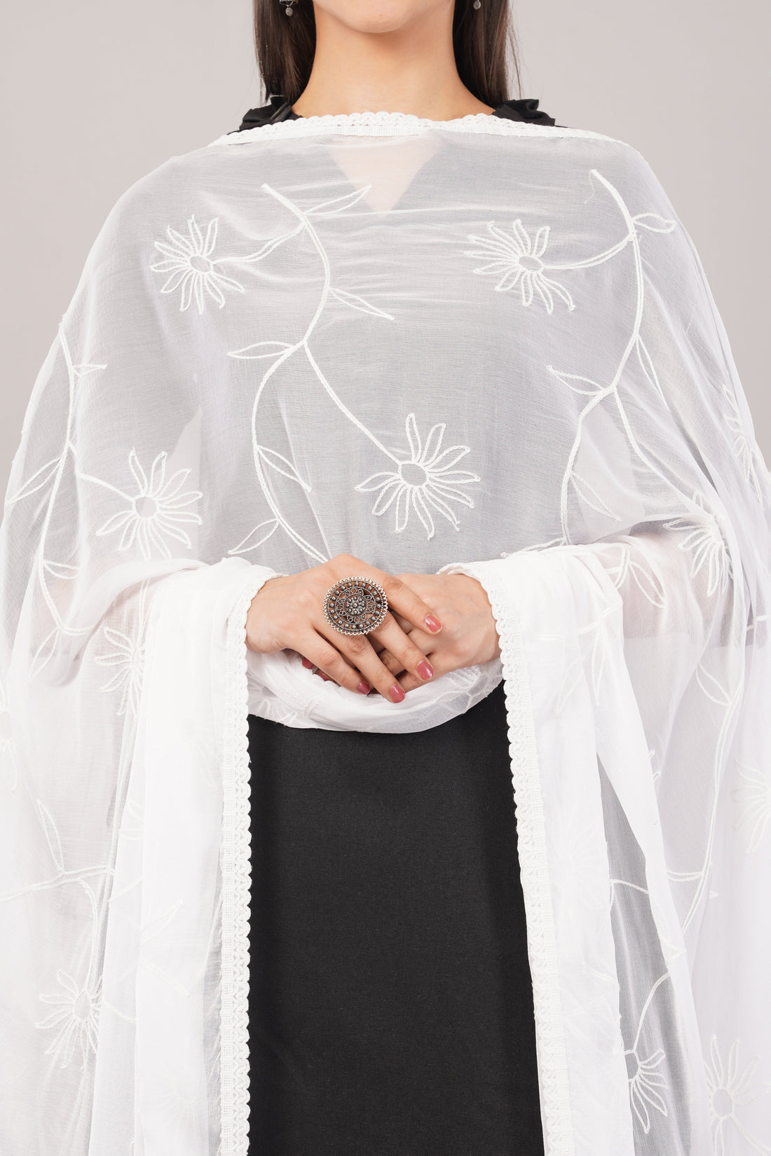 White Embroidered Dyeable Chiffon Dupatta | Nazneen Chunni (ND-14) | IVAARA.