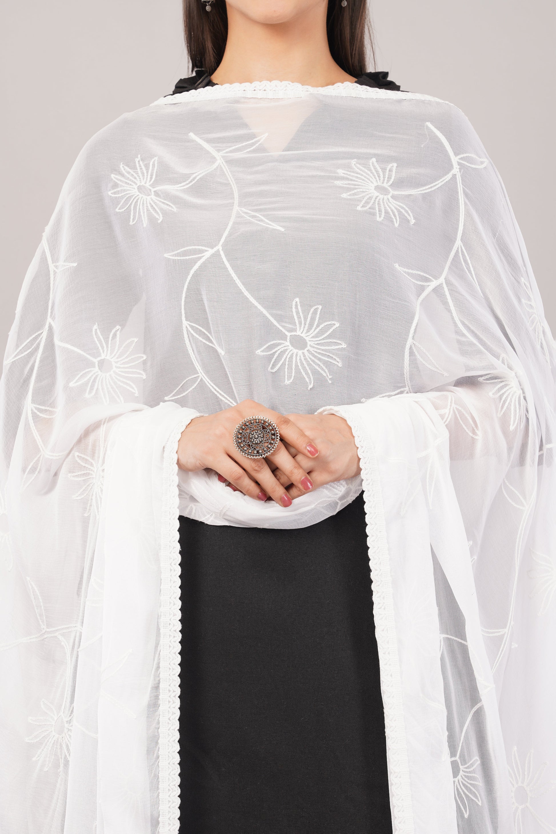 White Embroidered Dyeable Chiffon Dupatta | Nazneen Chunni (ND-14) | IVAARA.