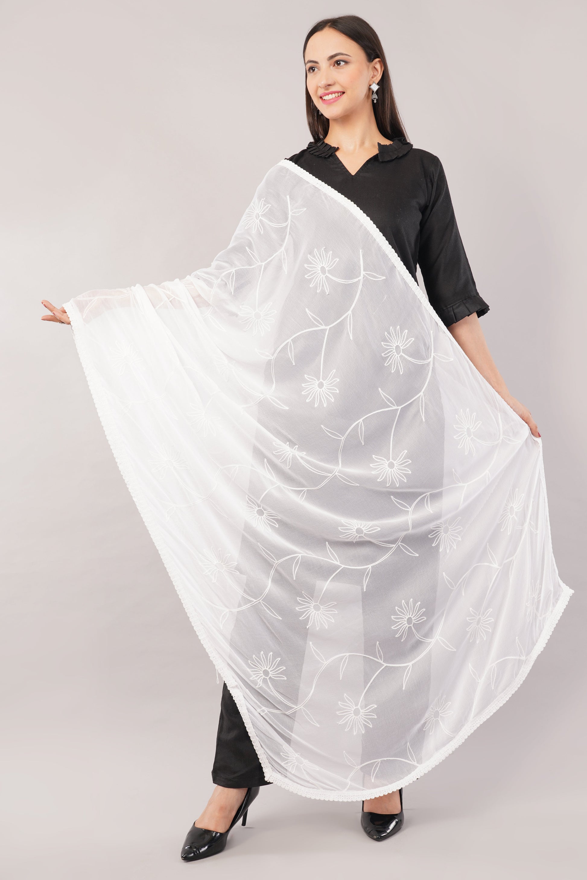 White Embroidered Dyeable Chiffon Dupatta | Nazneen Chunni (ND-14) | IVAARA.