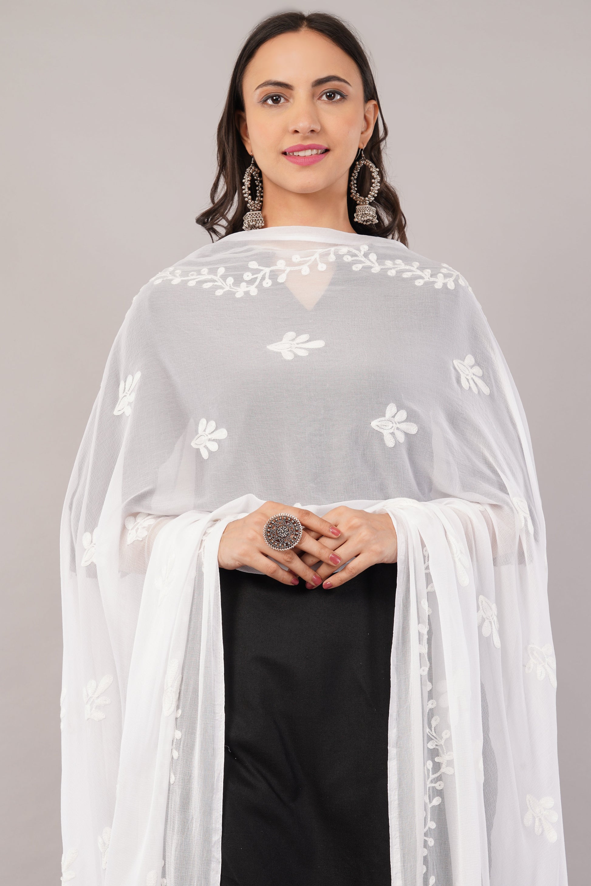 White Embroidered Dyeable Chiffon Dupatta | Nazneen Chunni (ND-16) | IVAARA.