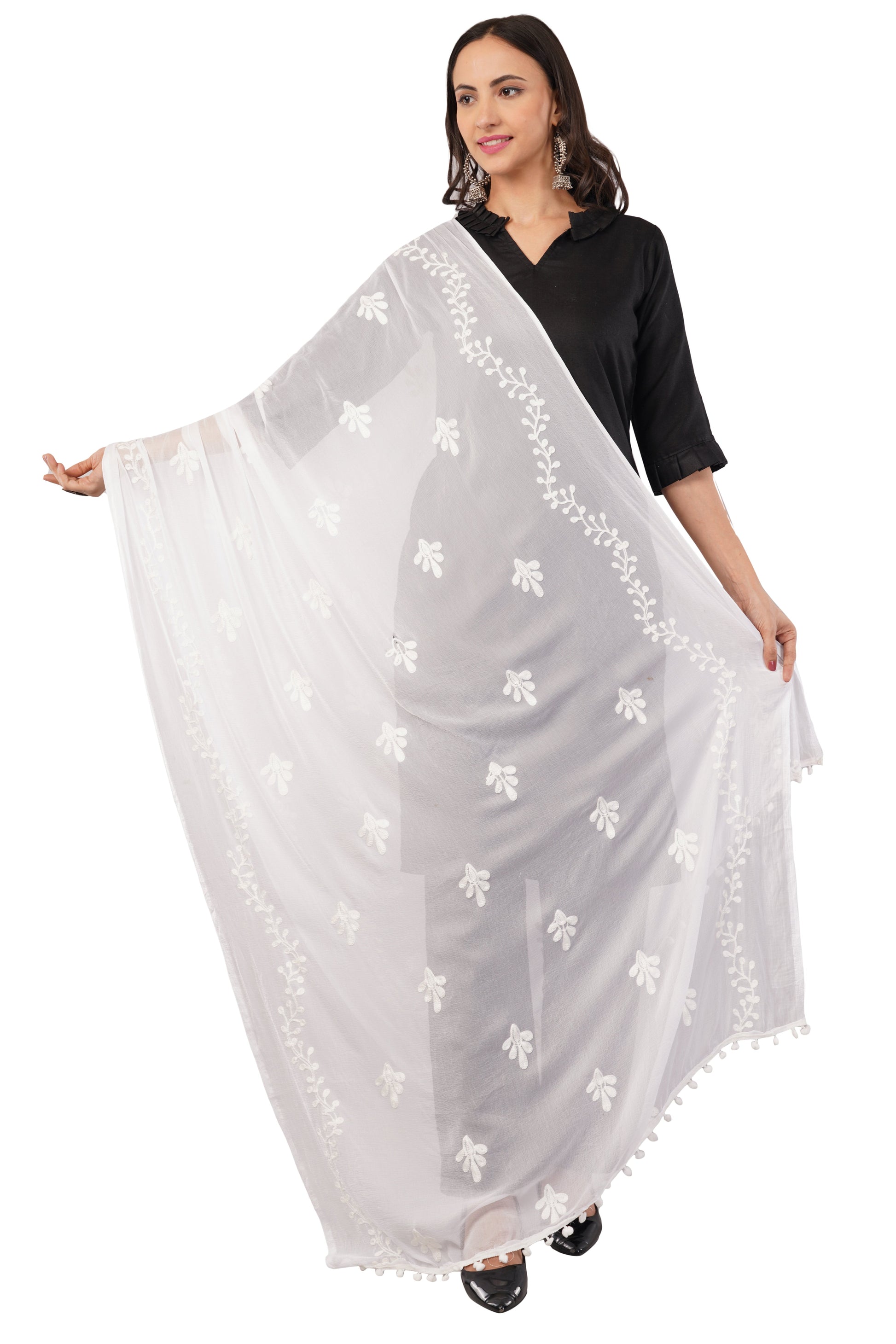 White Embroidered Dyeable Chiffon Dupatta | Nazneen Chunni (ND-16) | IVAARA.