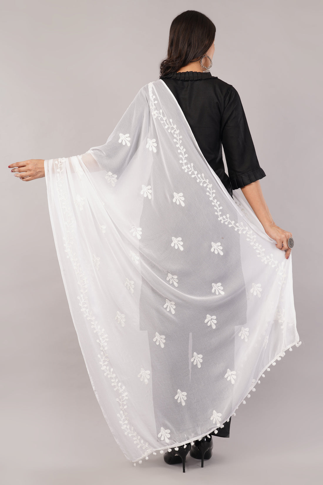 White Embroidered Dyeable Chiffon Dupatta | Nazneen Chunni (ND-16) | IVAARA.