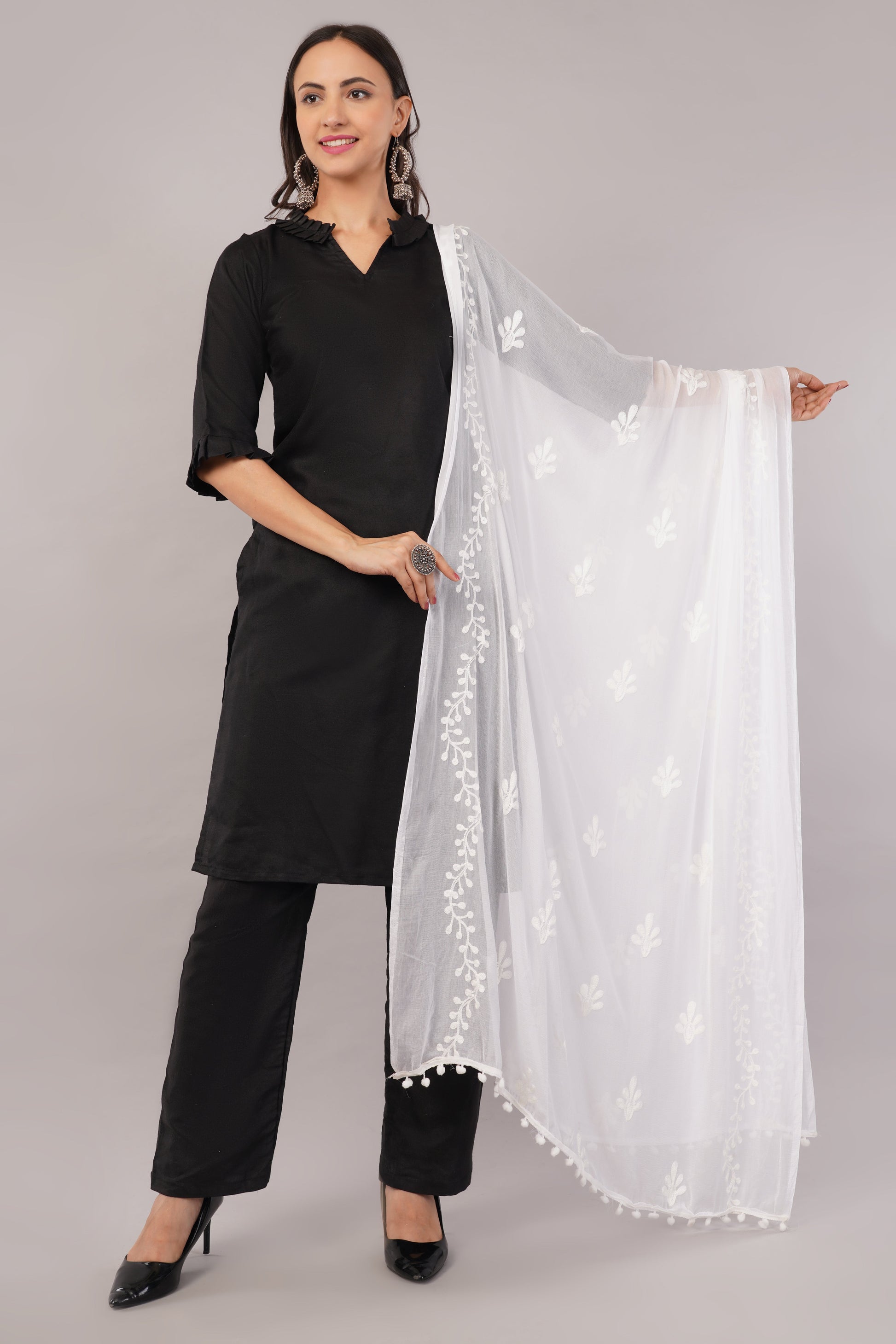 White Embroidered Dyeable Chiffon Dupatta | Nazneen Chunni (ND-16) | IVAARA.