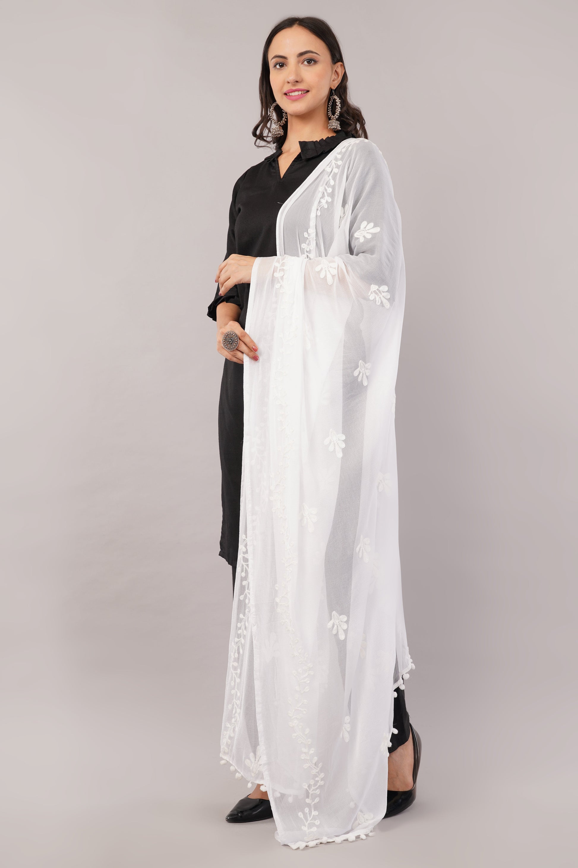 White Embroidered Dyeable Chiffon Dupatta | Nazneen Chunni (ND-16) | IVAARA.