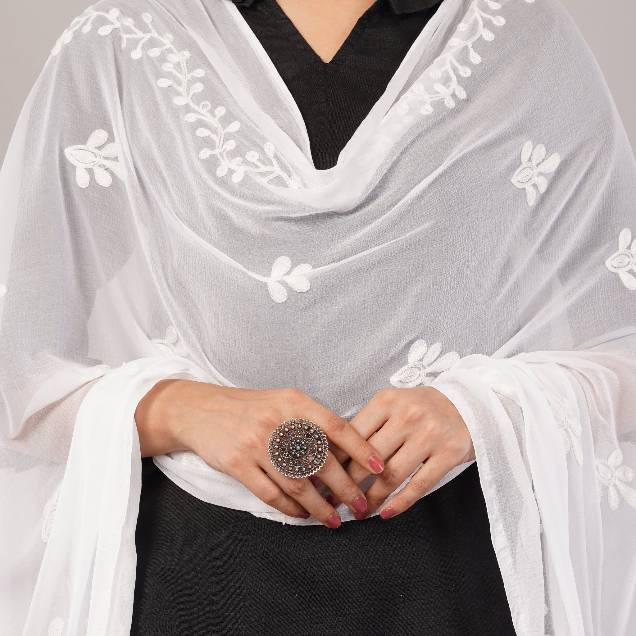 White Embroidered Dyeable Chiffon Dupatta | Nazneen Chunni (ND-16) | IVAARA.