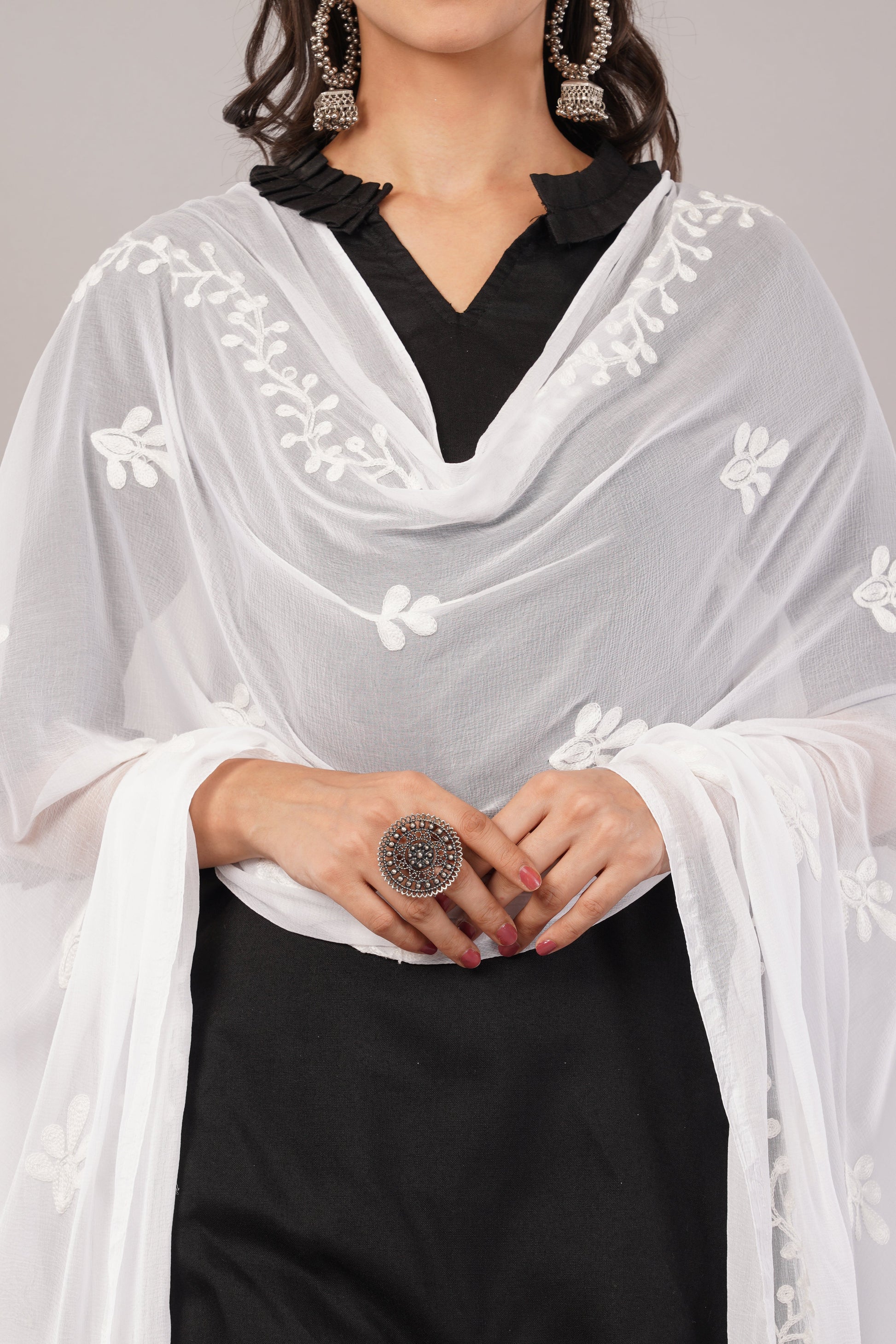 White Embroidered Dyeable Chiffon Dupatta | Nazneen Chunni (ND-16) | IVAARA.