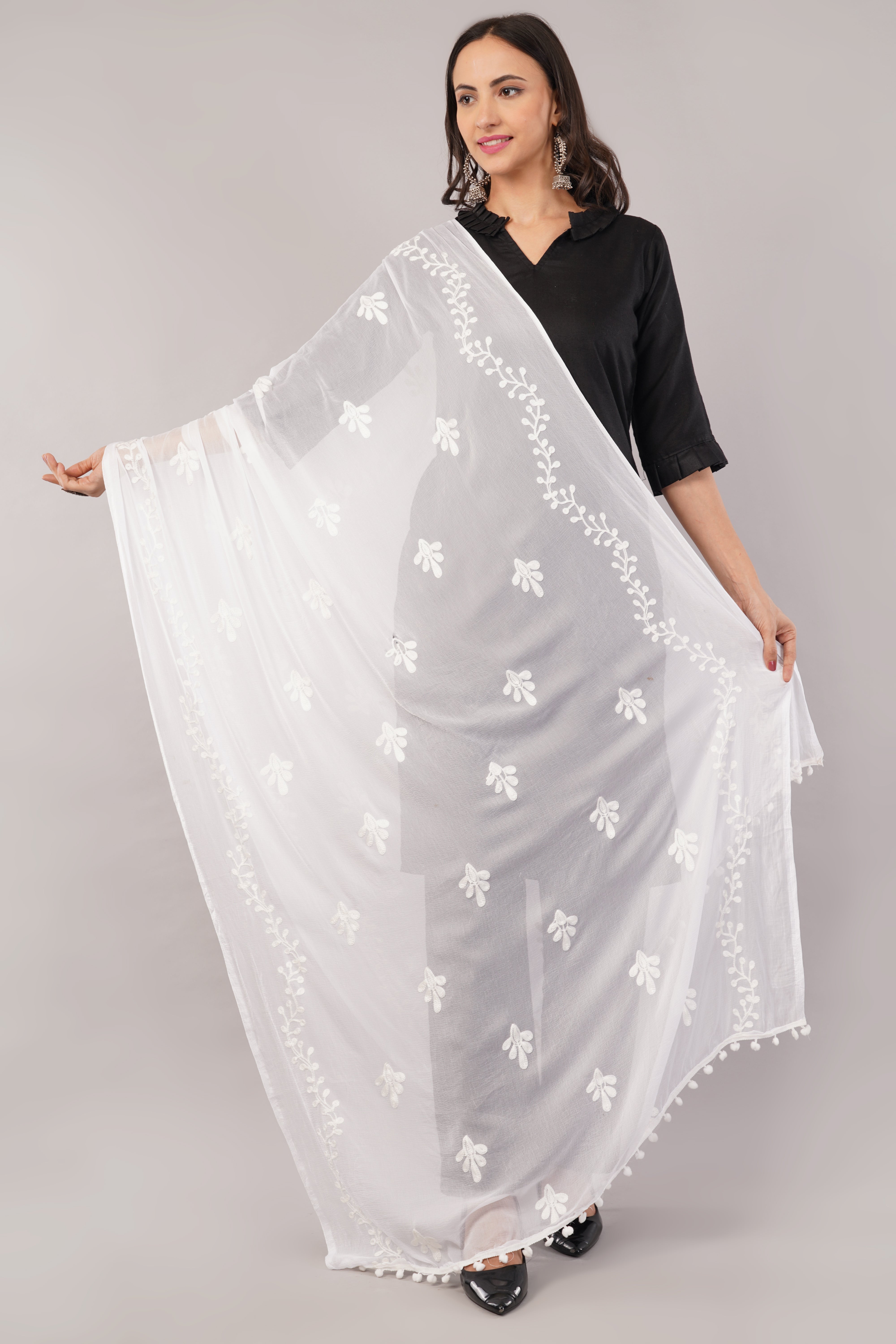 White Embroidered Dyeable Chiffon Dupatta | Nazneen Chunni (ND-16) | IVAARA.