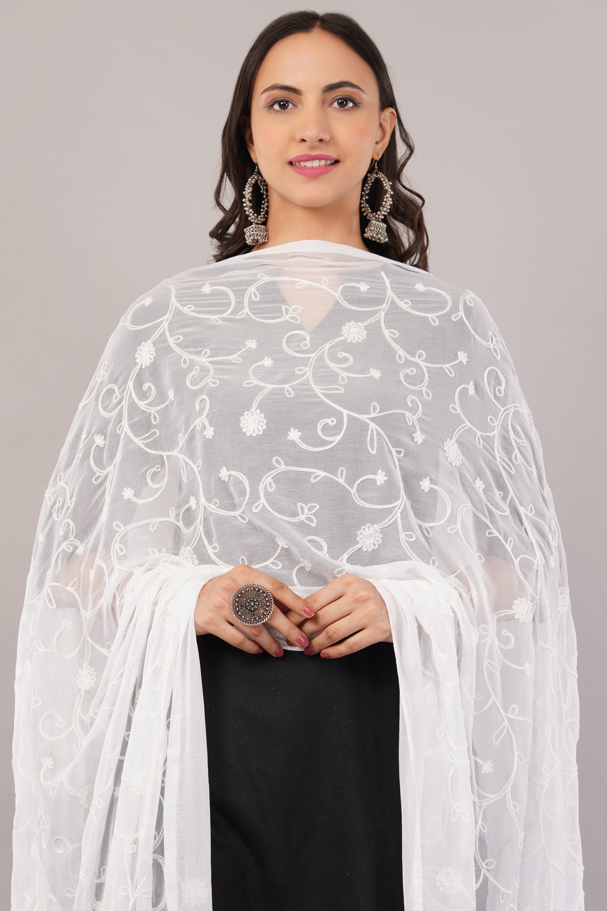 White Embroidered Dyeable Chiffon Dupatta | Nazneen Chunni (ND-17) | IVAARA.