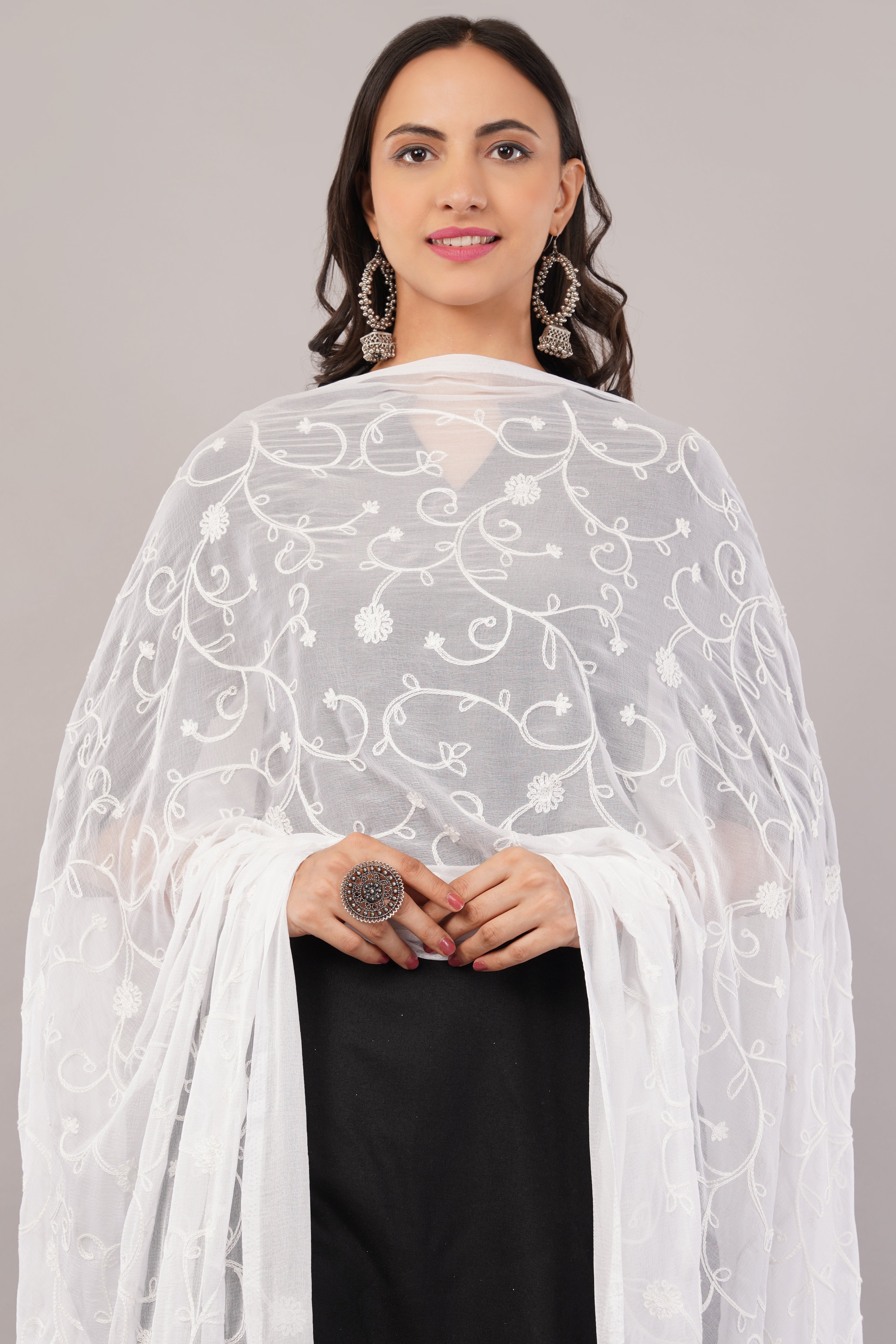White Embroidered Dyeable Chiffon Dupatta | Nazneen Chunni (ND-17) | IVAARA.