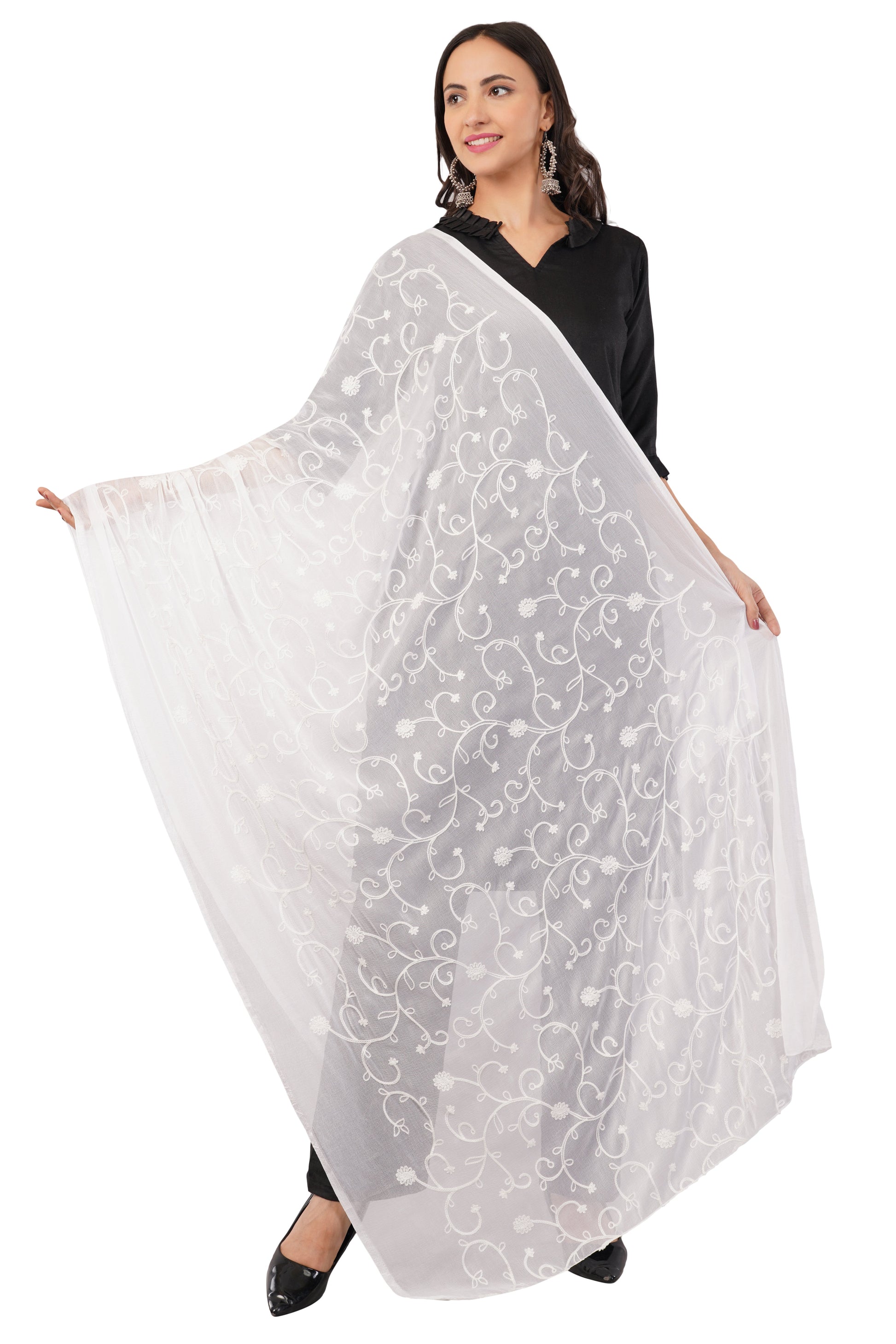 White Embroidered Dyeable Chiffon Dupatta | Nazneen Chunni (ND-17) | IVAARA.