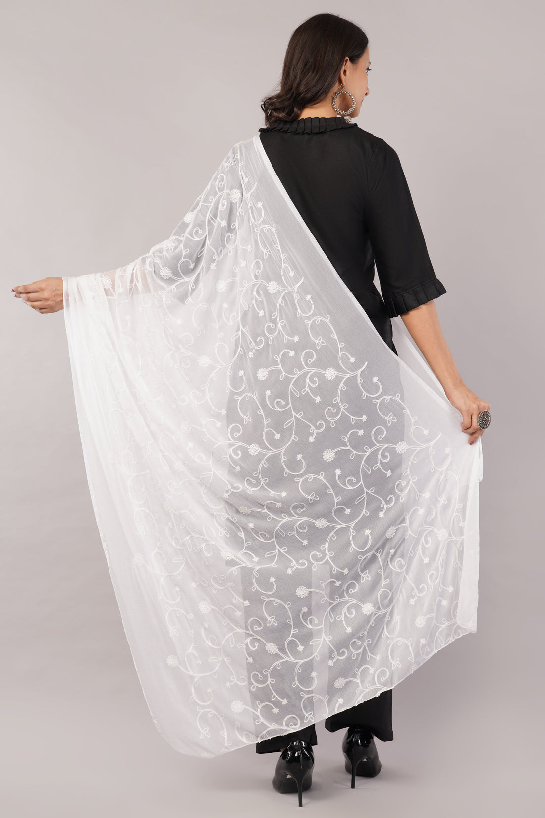 White Embroidered Dyeable Chiffon Dupatta | Nazneen Chunni (ND-17) | IVAARA.