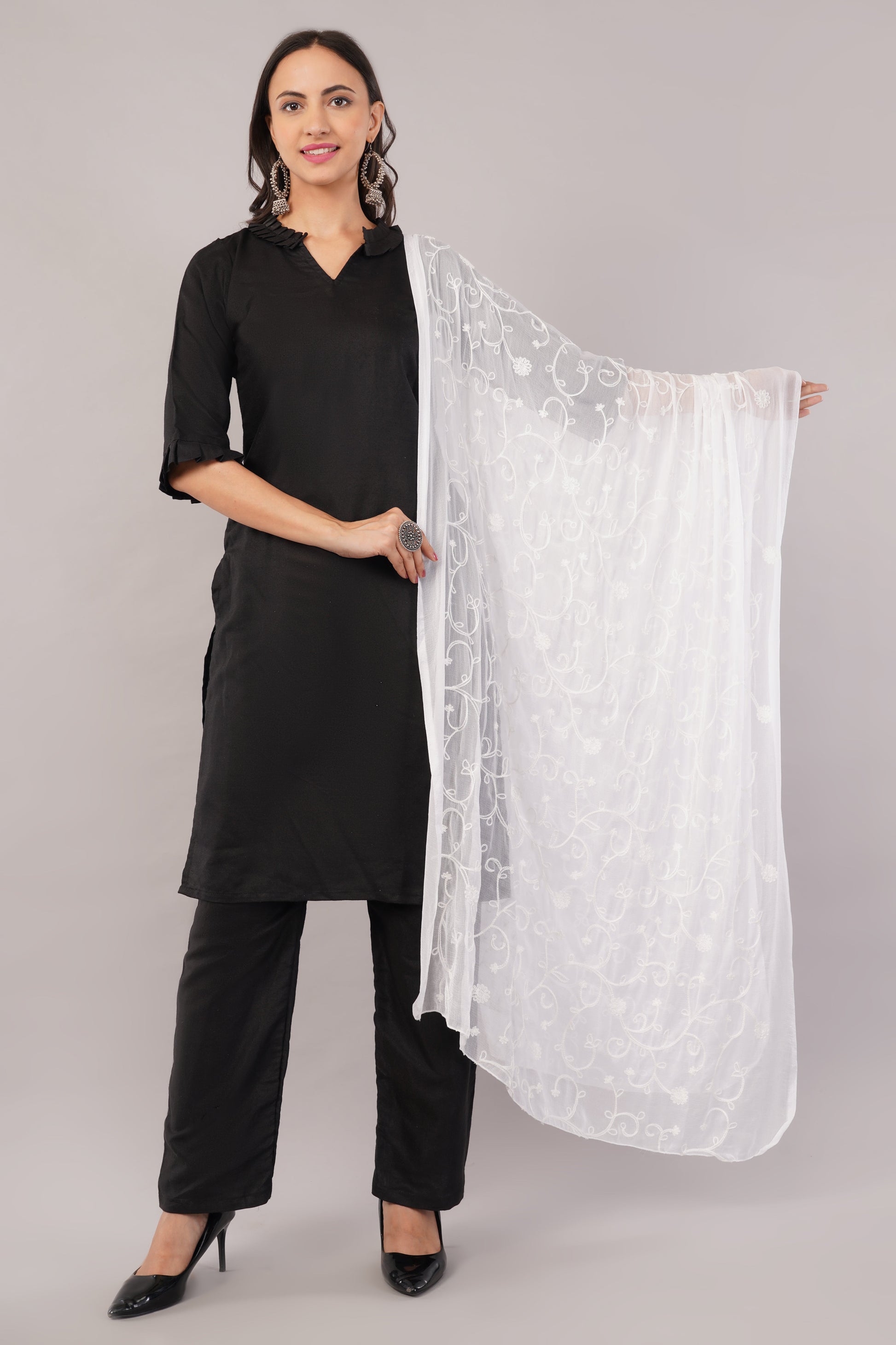White Embroidered Dyeable Chiffon Dupatta | Nazneen Chunni (ND-17) | IVAARA.