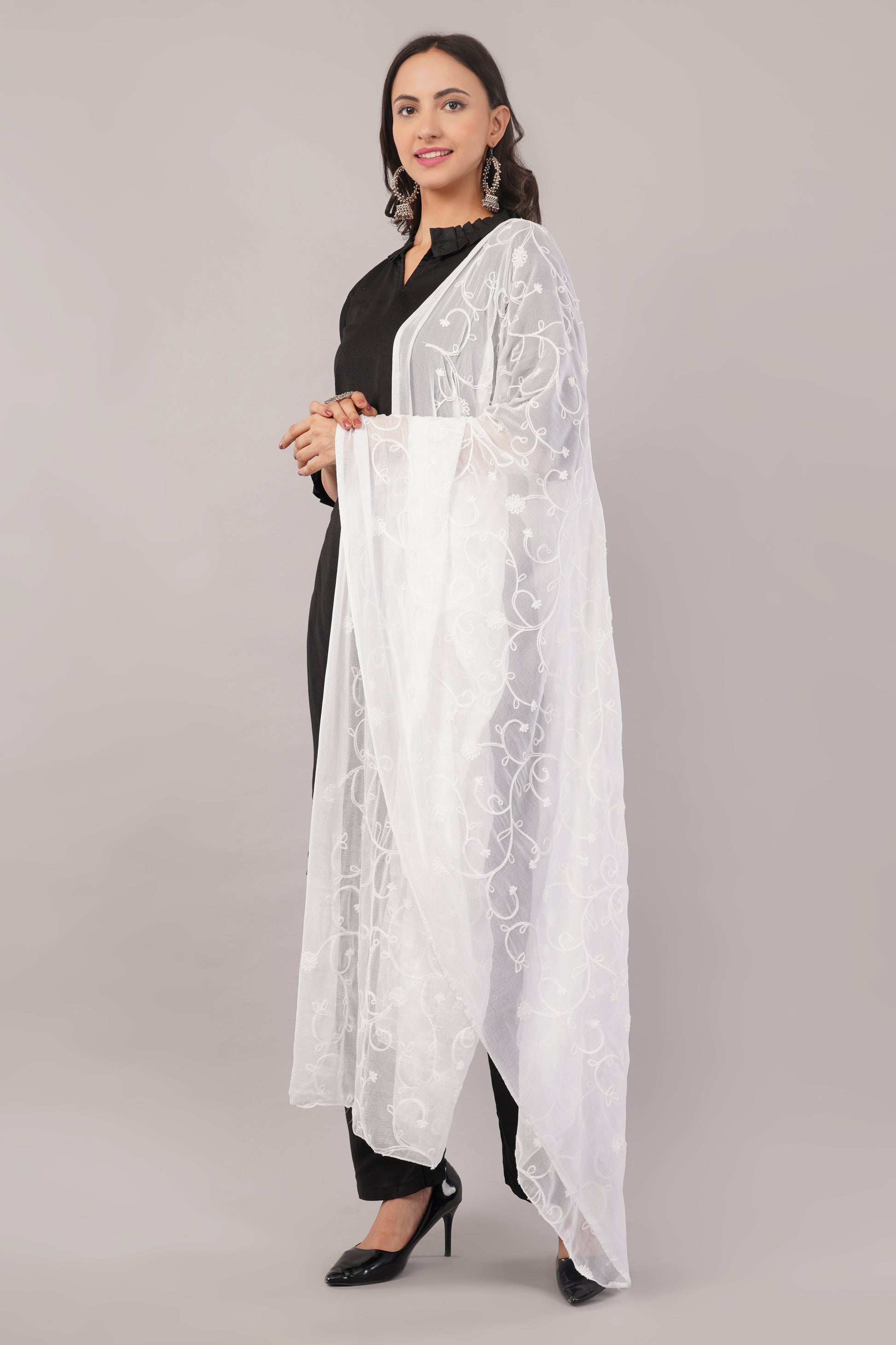 White Embroidered Dyeable Chiffon Dupatta | Nazneen Chunni (ND-17) | IVAARA.