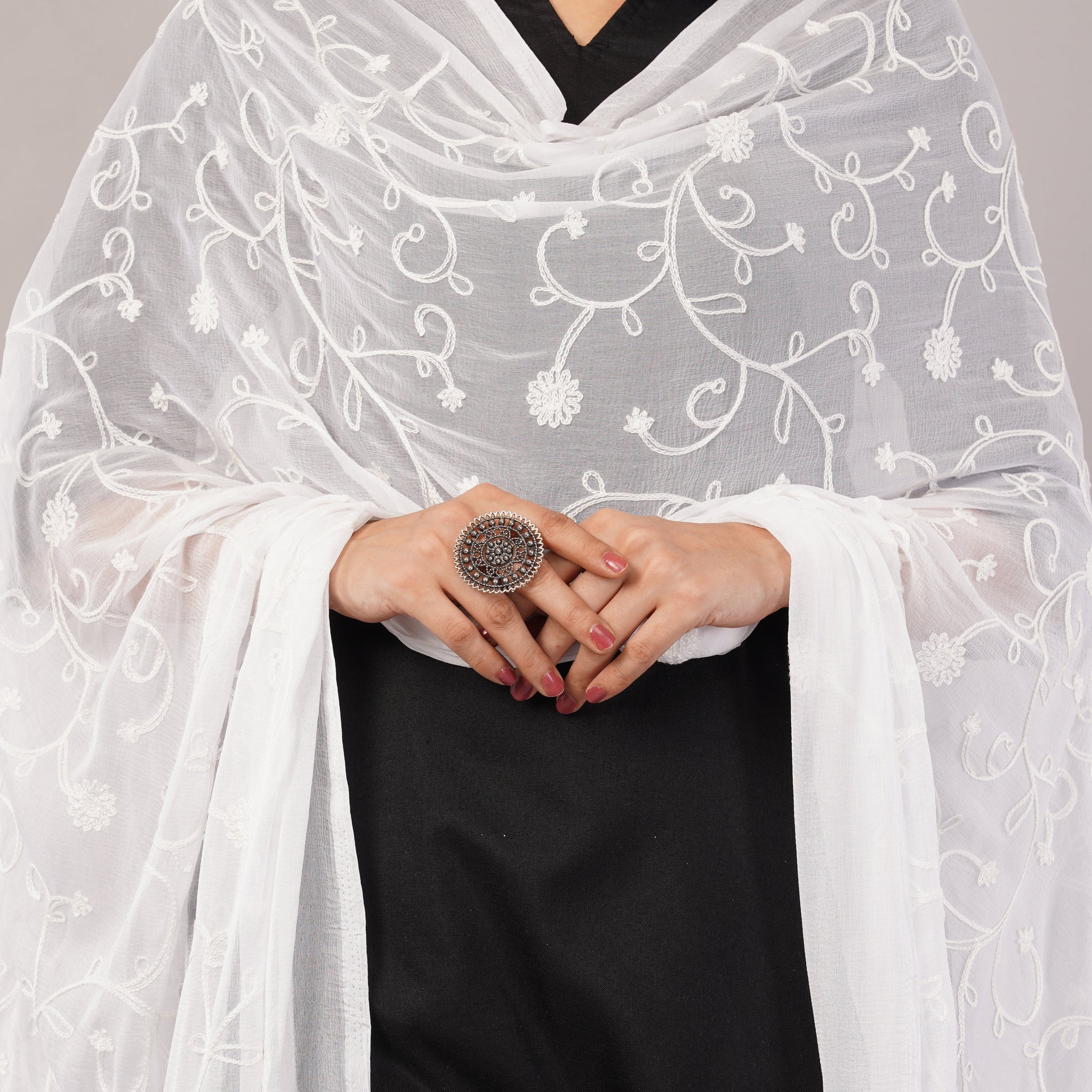 White Embroidered Dyeable Chiffon Dupatta | Nazneen Chunni (ND-17) | IVAARA.