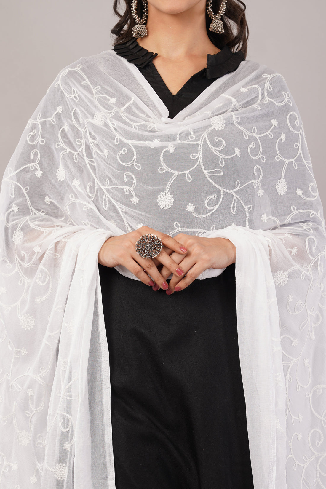 White Embroidered Dyeable Chiffon Dupatta | Nazneen Chunni (ND-17) | IVAARA.