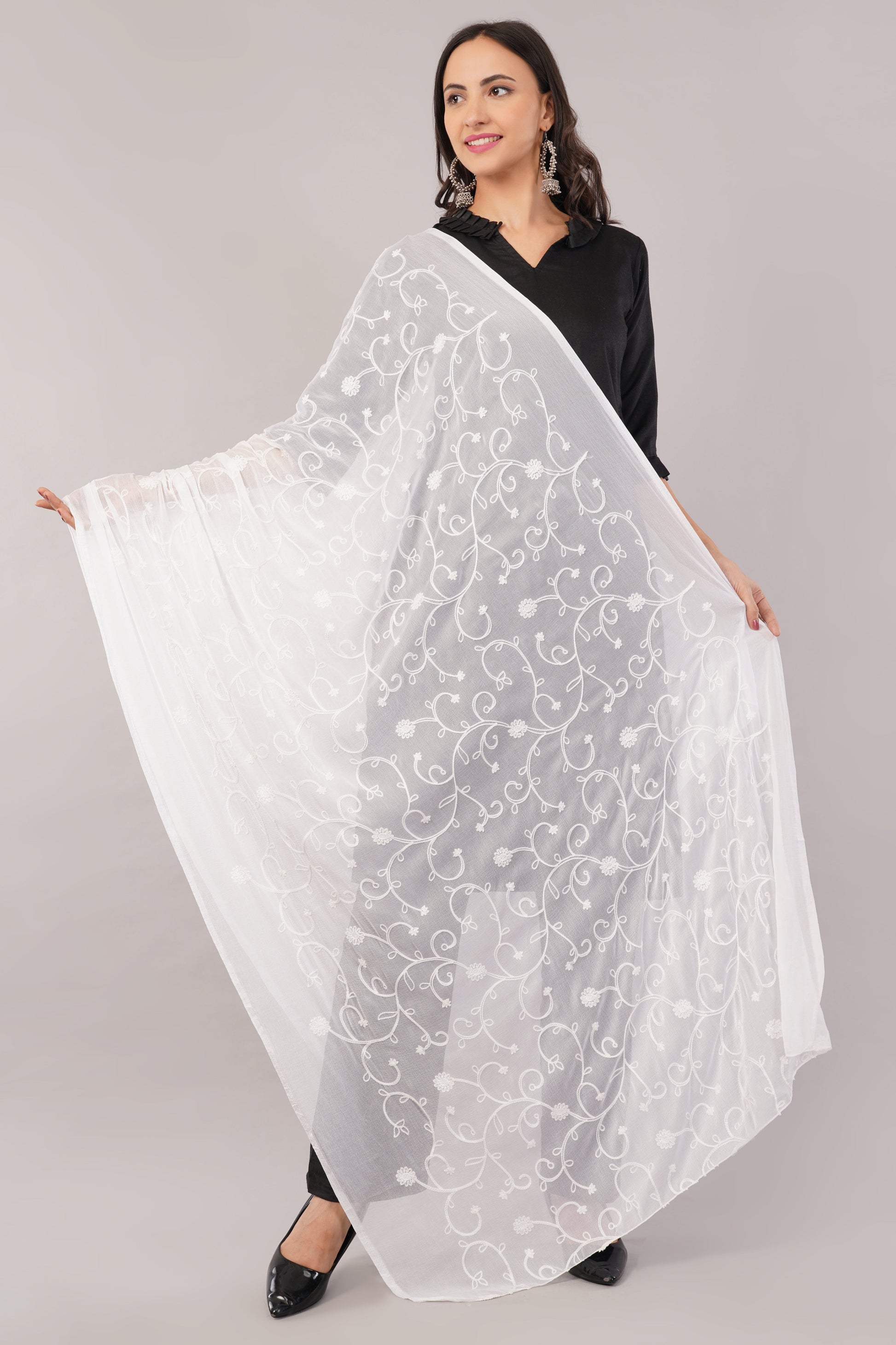 White Embroidered Dyeable Chiffon Dupatta | Nazneen Chunni (ND-17) | IVAARA.