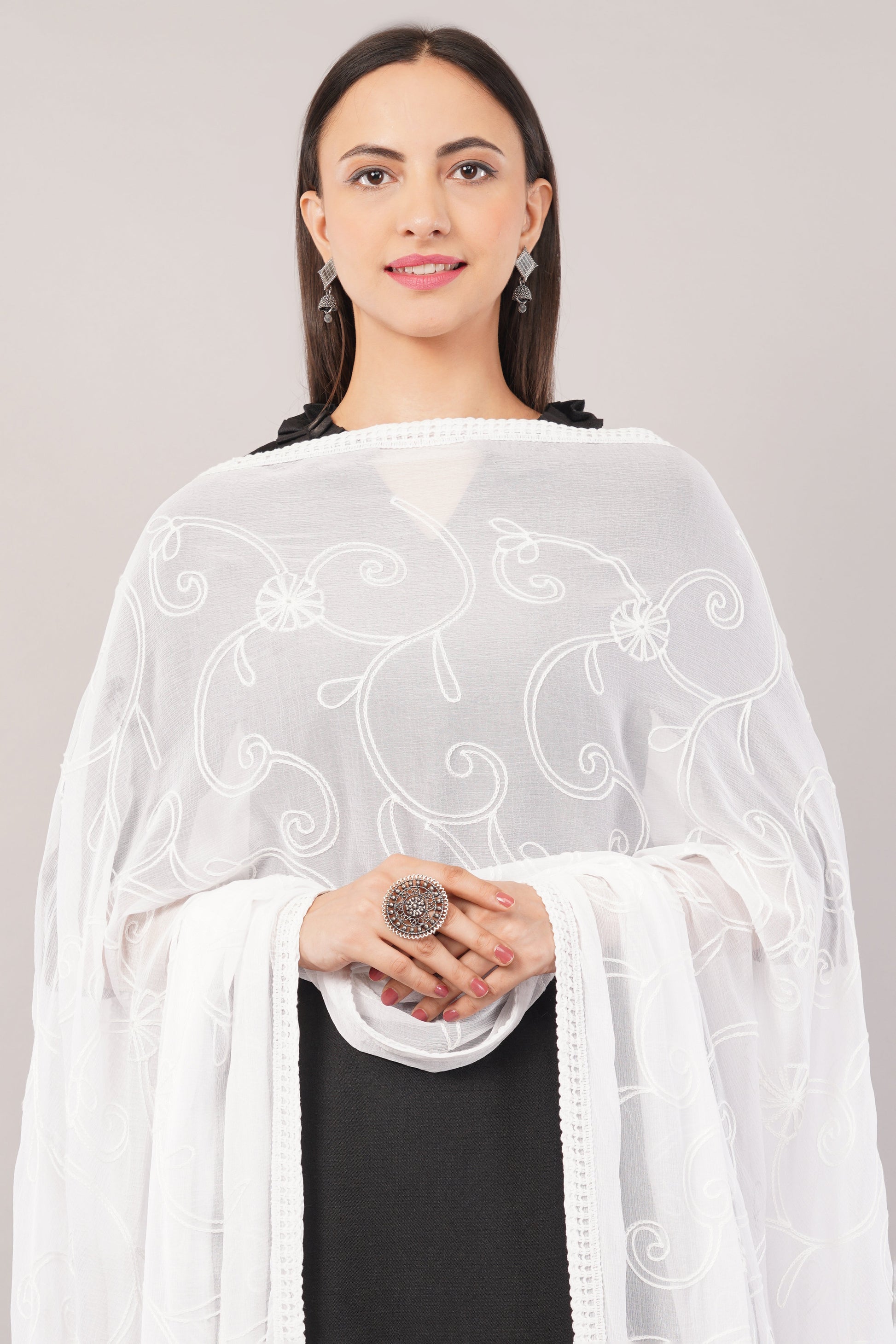 White Embroidered Dyeable Chiffon Dupatta | Nazneen Chunni (ND-18) | IVAARA.