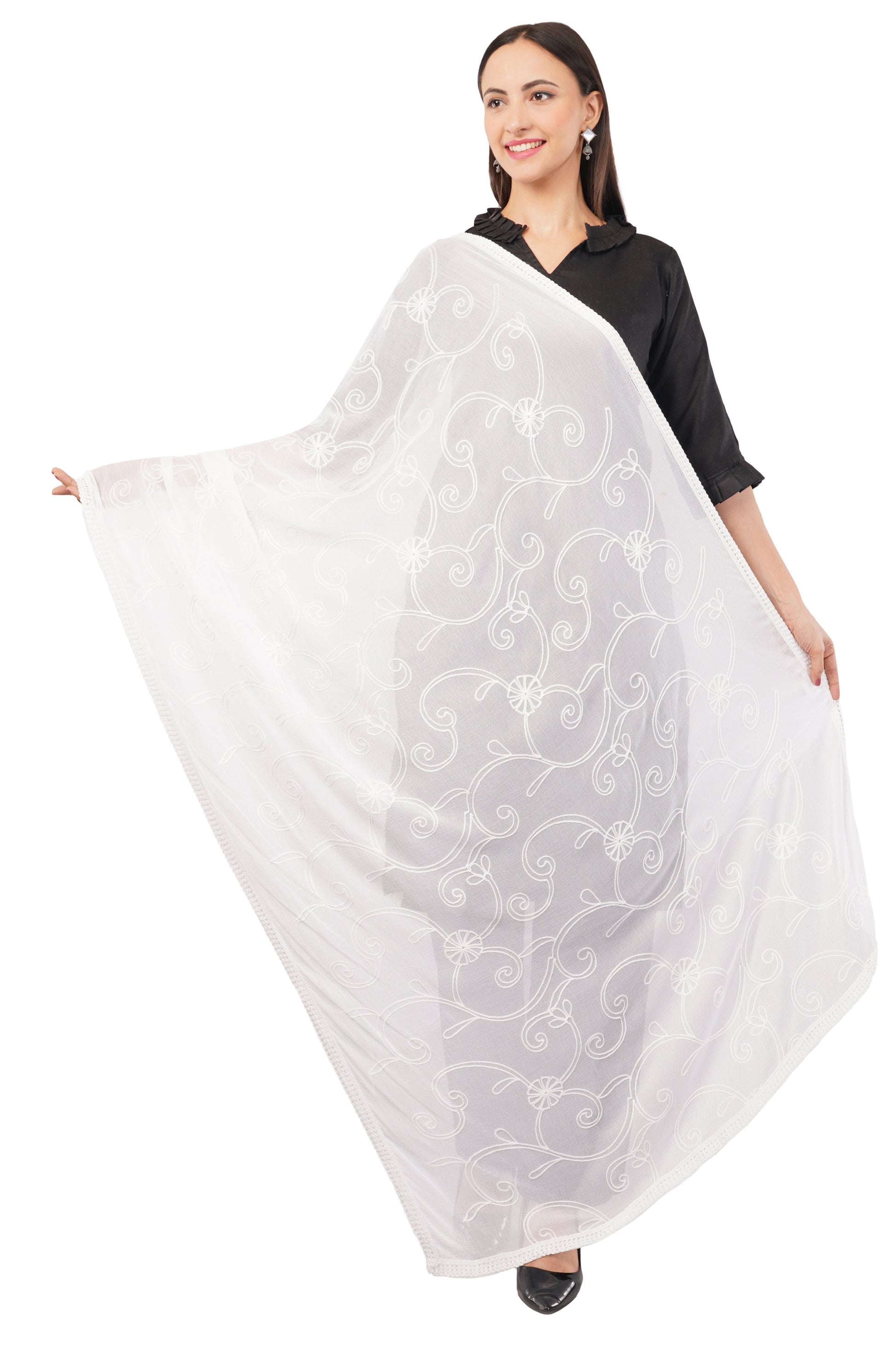 White Embroidered Dyeable Chiffon Dupatta | Nazneen Chunni (ND-18) | IVAARA.