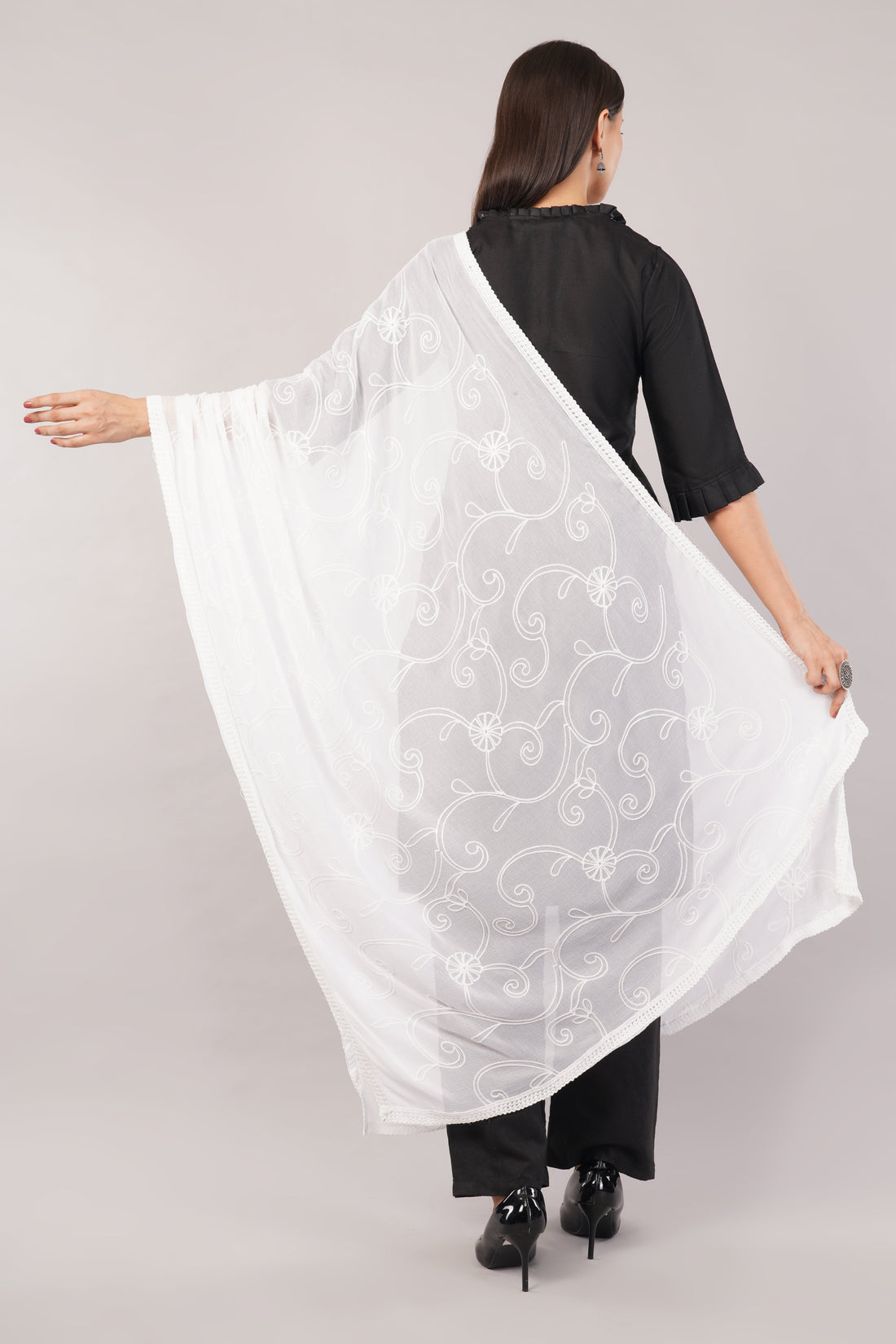 White Embroidered Dyeable Chiffon Dupatta | Nazneen Chunni (ND-18) | IVAARA.