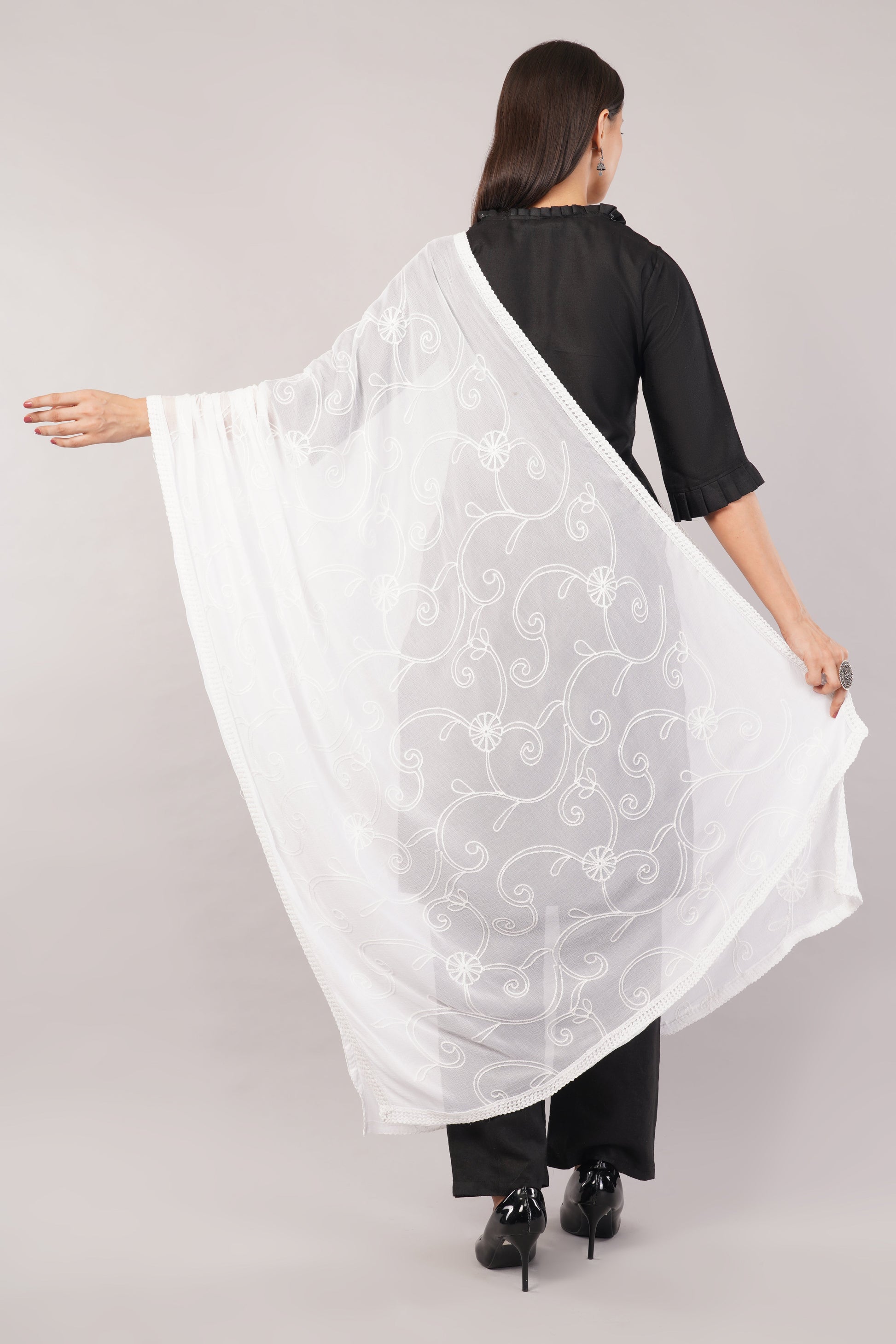White Embroidered Dyeable Chiffon Dupatta | Nazneen Chunni (ND-18) | IVAARA.