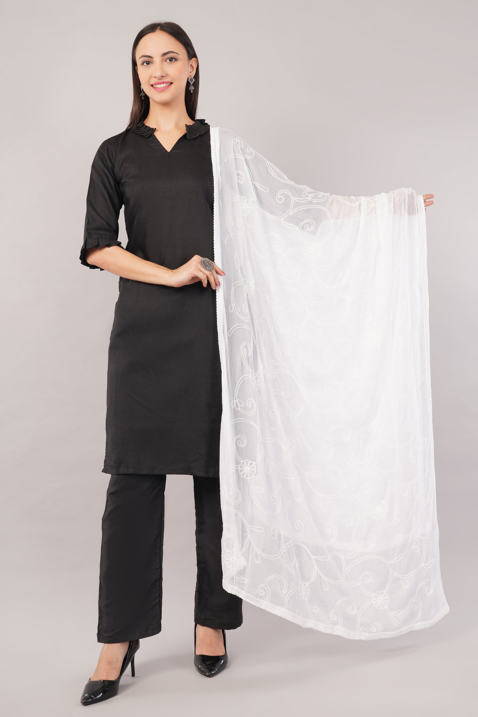 White Embroidered Dyeable Chiffon Dupatta | Nazneen Chunni (ND-18) | IVAARA.