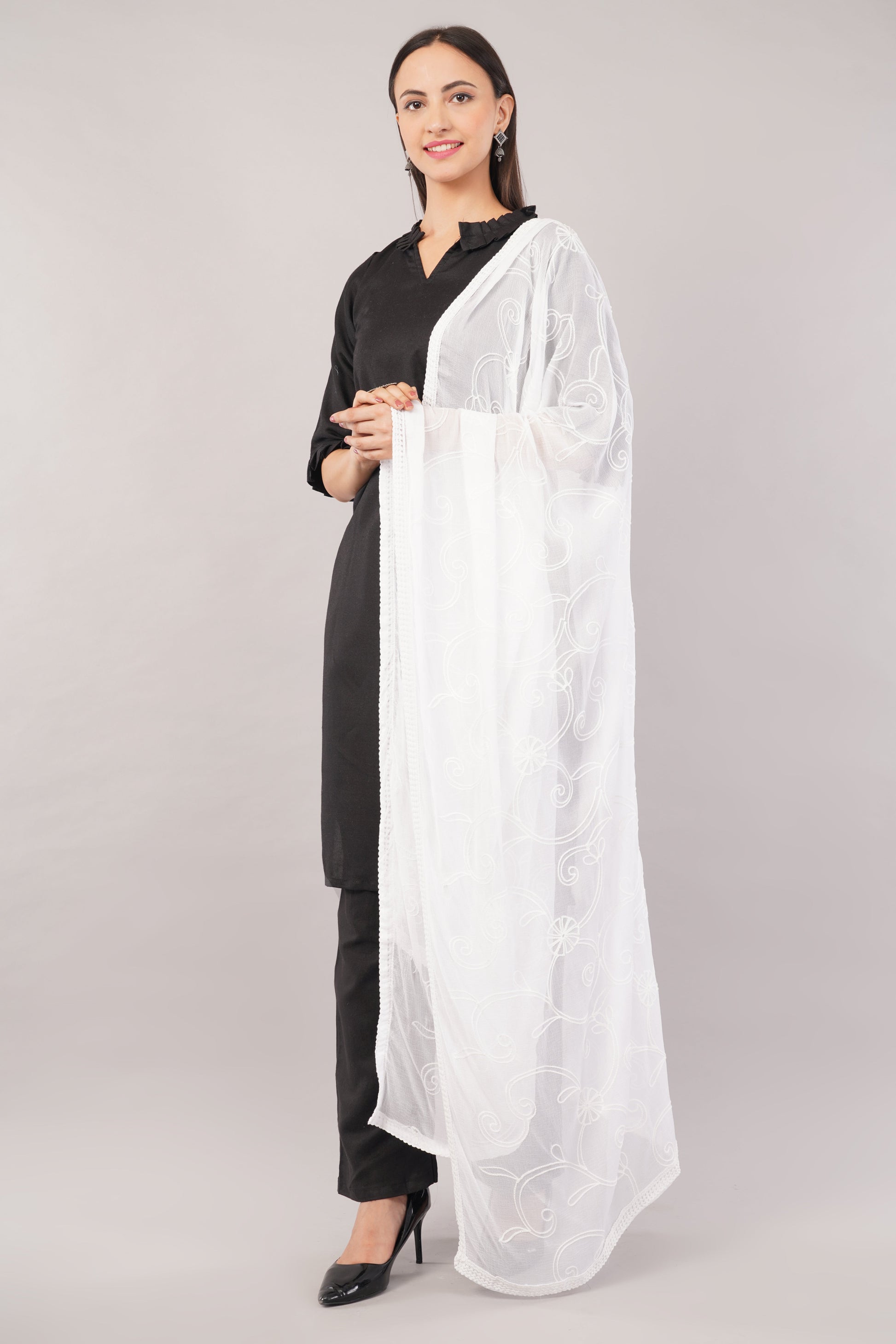 White Embroidered Dyeable Chiffon Dupatta | Nazneen Chunni (ND-18) | IVAARA.